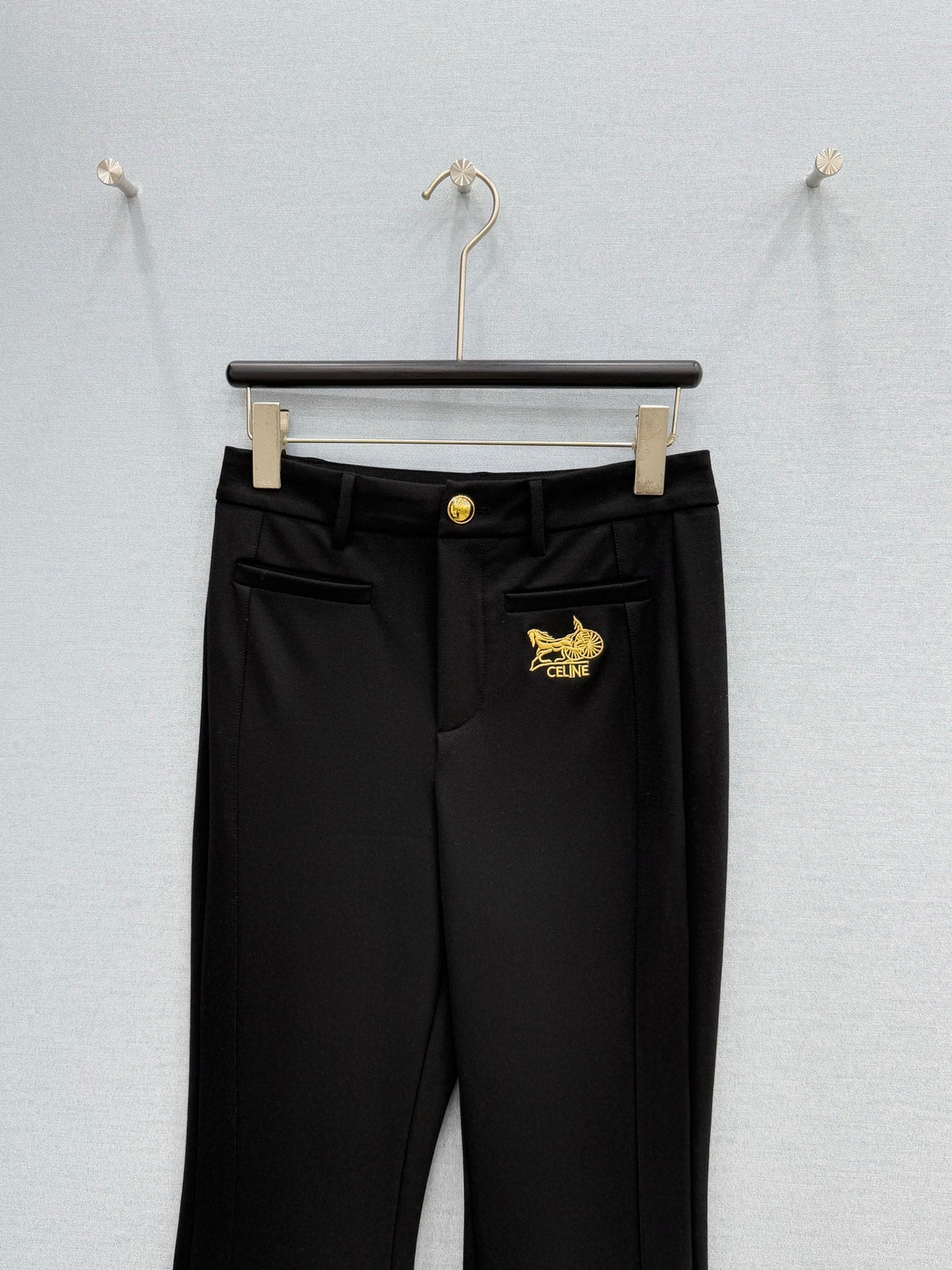 Celine 26S Black Gold Sulky Logo Flare Pants 428376