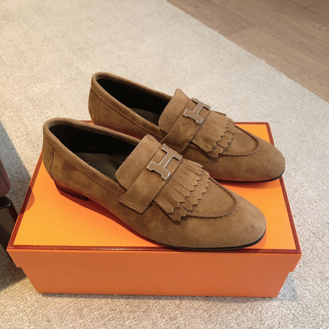 Royal Loafer Brown Suede Calfskin With Fringe Detail And Brown Silver Signature Buckle 509433