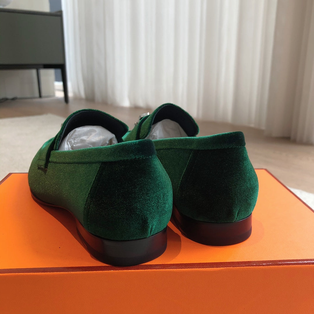Paris Loafer Green Velvet Fabric With Silver Signature Buckle 509393