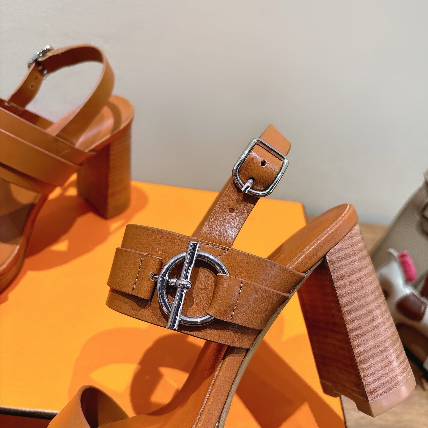HM 26S Gigi 85 Sandal In Camel Brown Calfskin Silver Hardware
