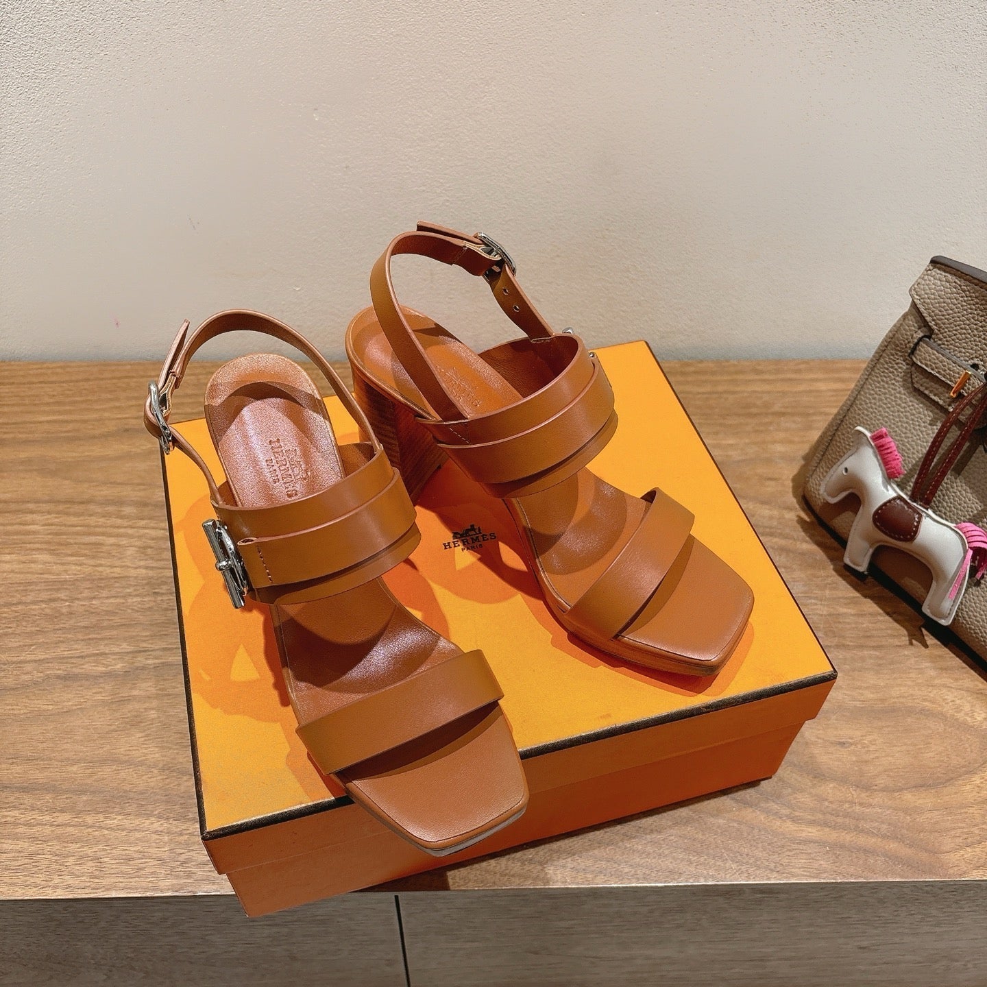 HM 26S Gigi 85 Sandal In Camel Brown Calfskin Silver Hardware