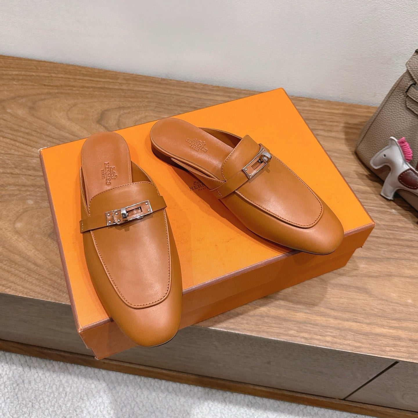 HM 26s Kelly Mule In Tan Brown Calfskin Silver Hardware