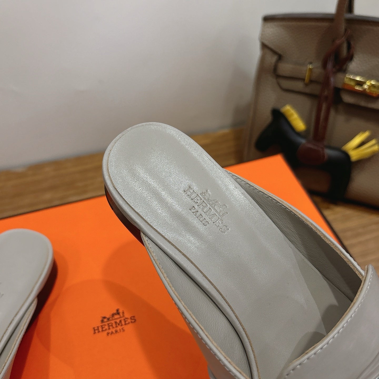 HM 26s Kelly Mule In Grey Calfskin Silver Hardware
