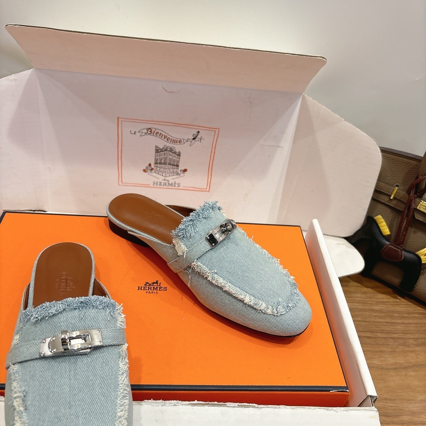 HM 26s Oz Mule In Light Blue Denim Silver Hardware