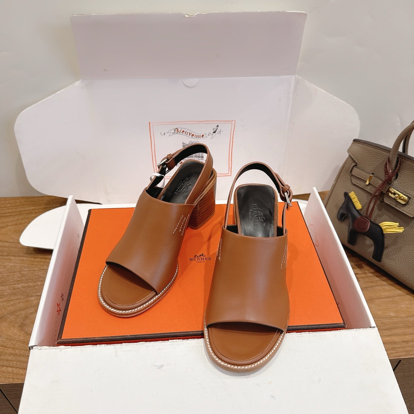 HM 26S Elda 60 Sandal Brown Calfskin Silver Hardware