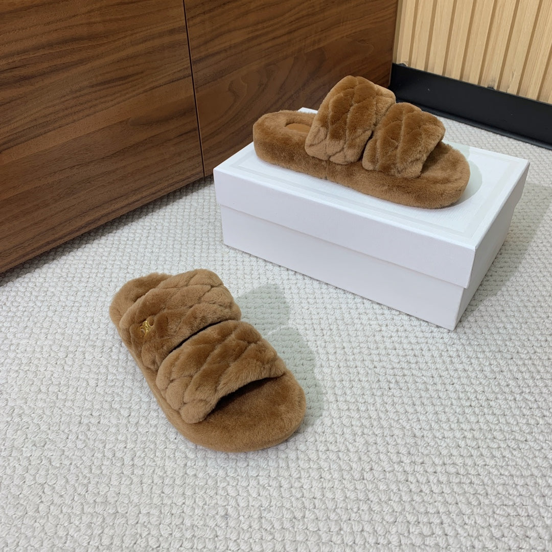 Celine 26s Two-Strap Quilted Sandals In Brown Wool