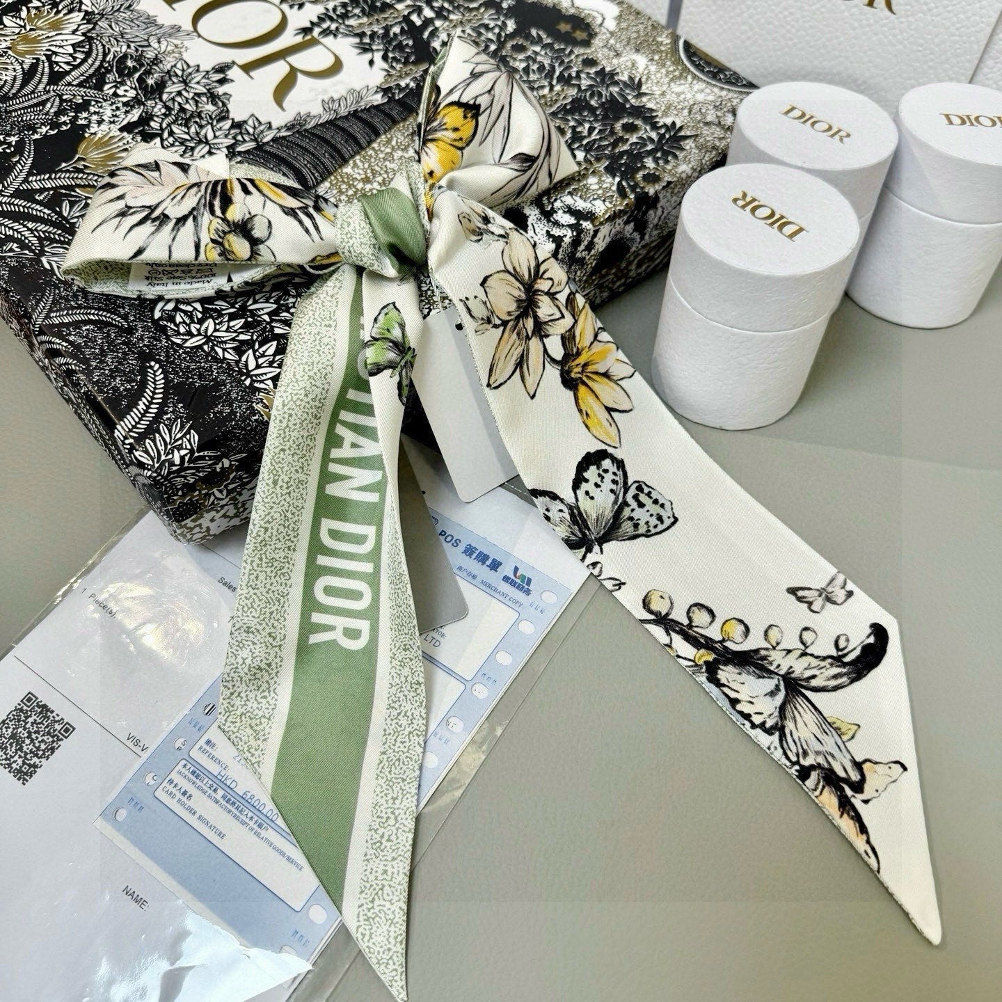 CD Twilly Mini Scarf 105cm Green Black Mulberry Silk 935251