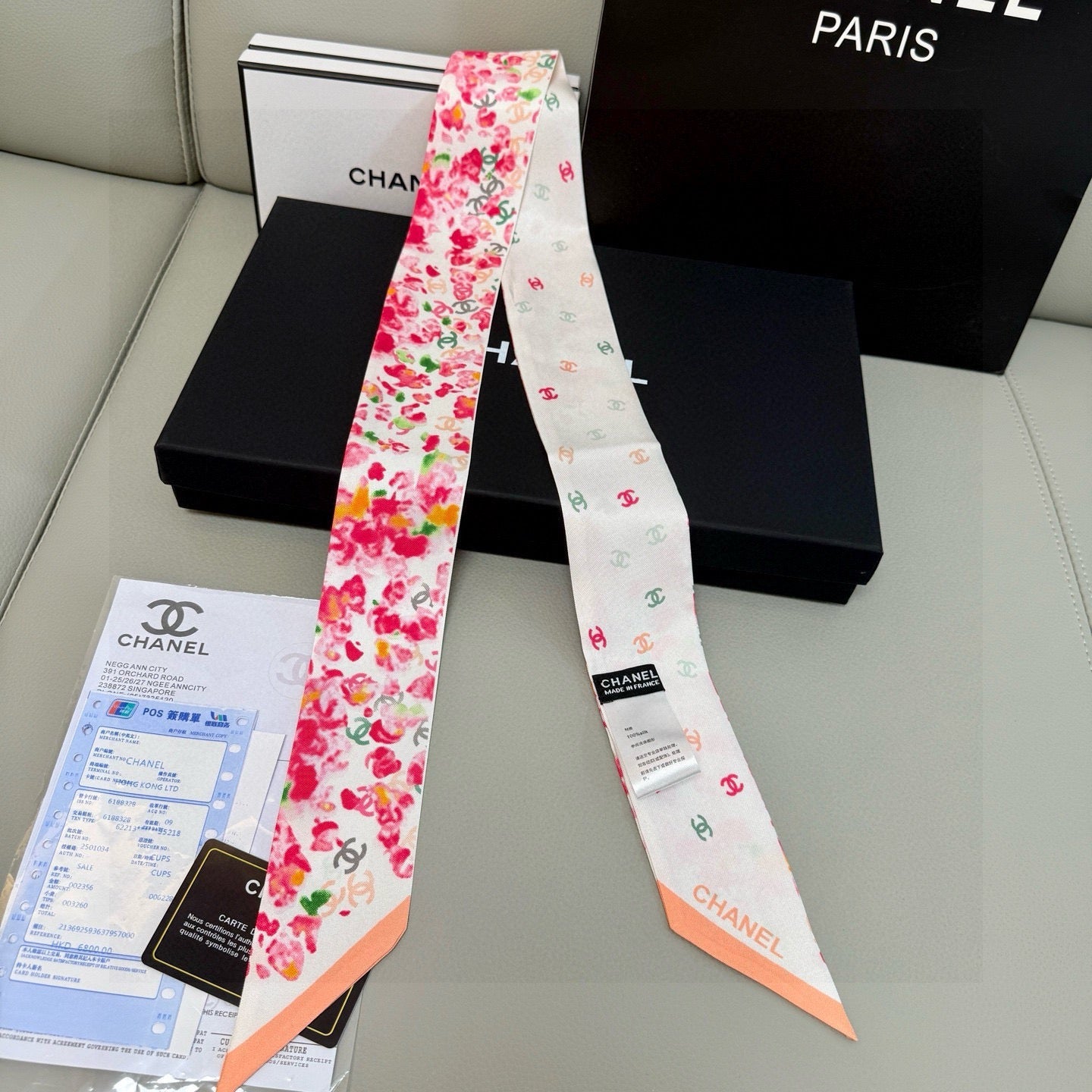 CC Twilly Mini Scarf 105 White Pink Floral Pattern Silk Twill 147667