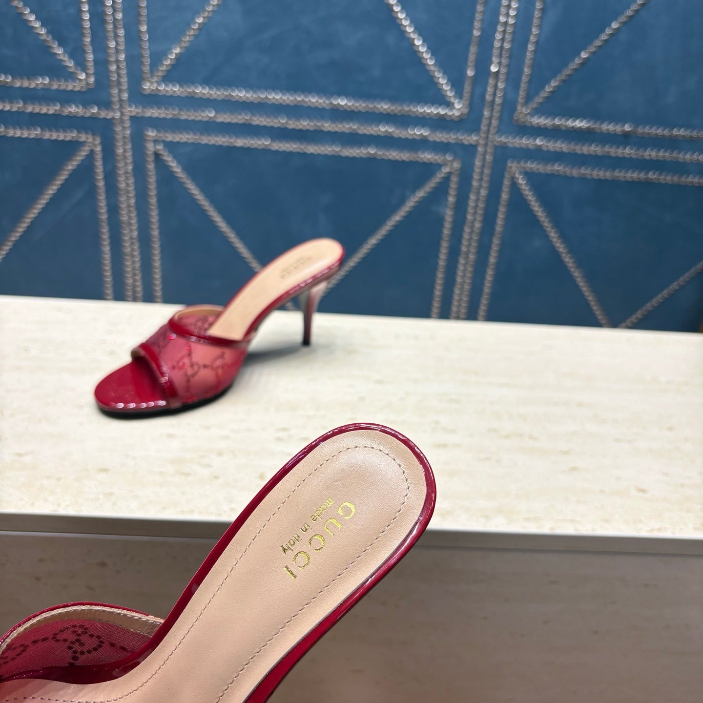 GG Women's Crystal Slide 8.5cm Sandal Burgundy Mesh Leather 741297