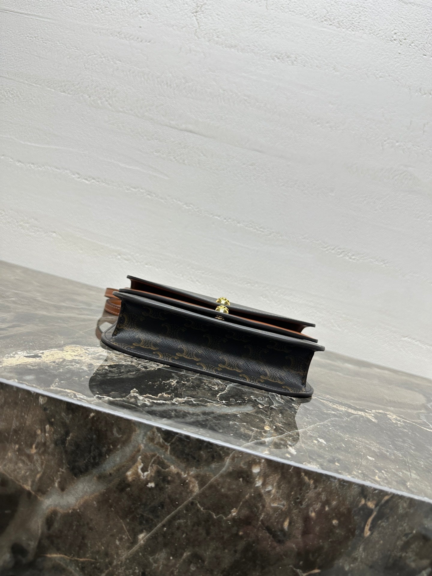 Celin Duo Wallet On Strap Triomphe Brown Black Canvas and Calfskin