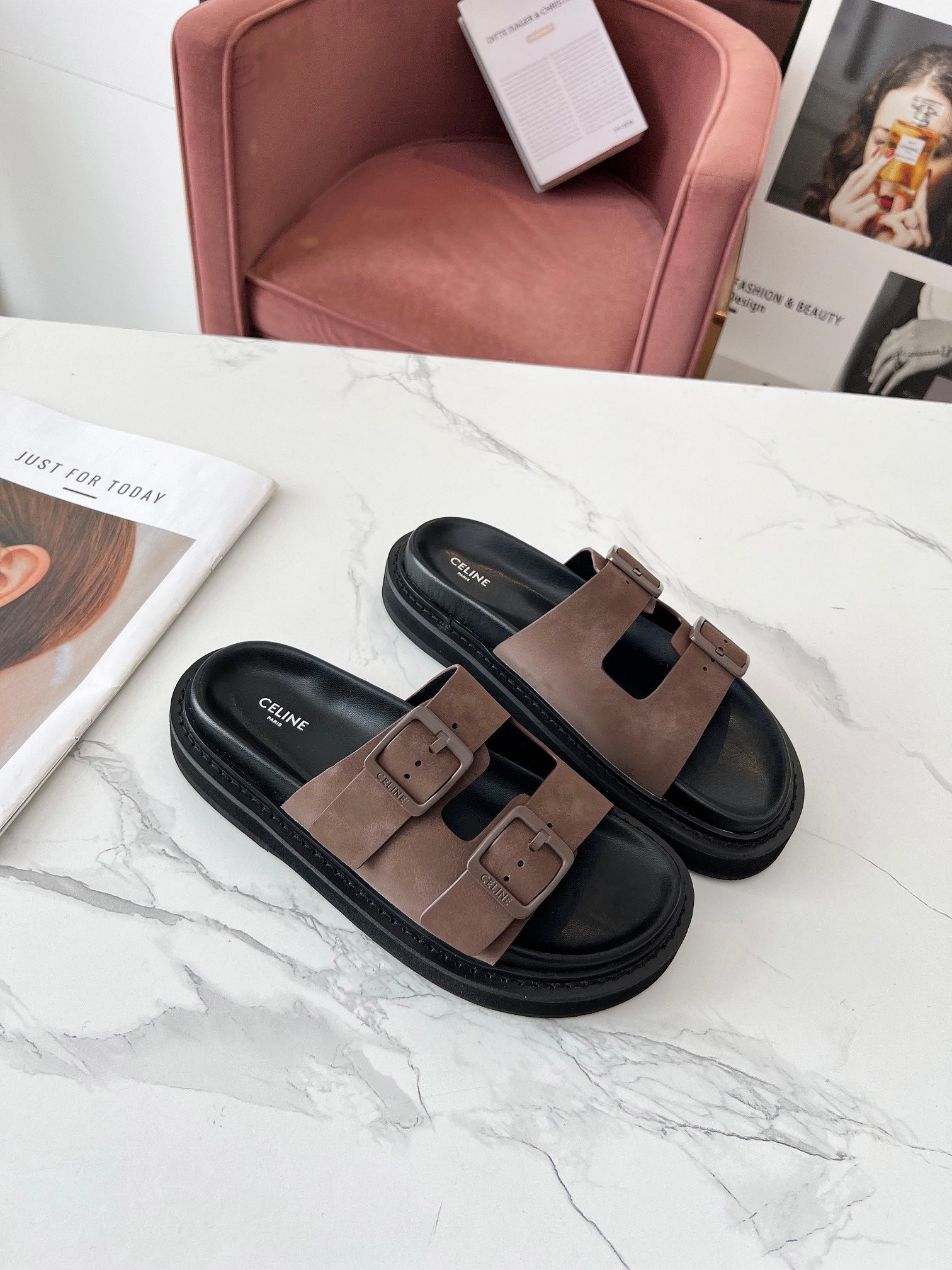 Celine 26s Sandals Hardware Buckles Black Taupe Suede Leather 982641