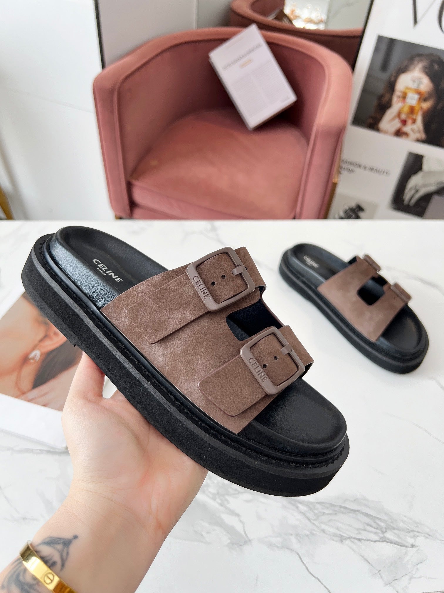 Celine 26s Sandals Hardware Buckles Black Taupe Suede Leather 982641