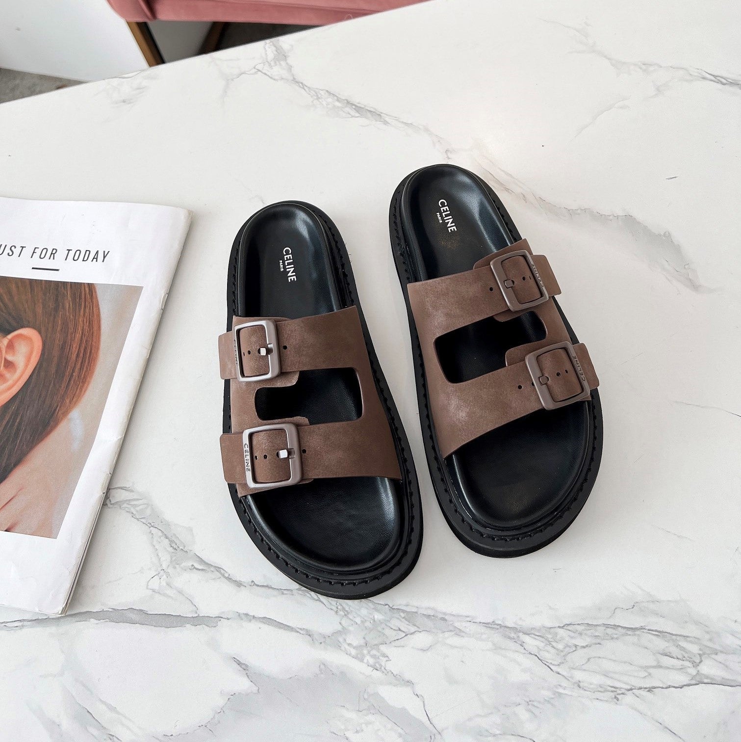 Celine 26s Sandals Hardware Buckles Black Taupe Suede Leather 982641