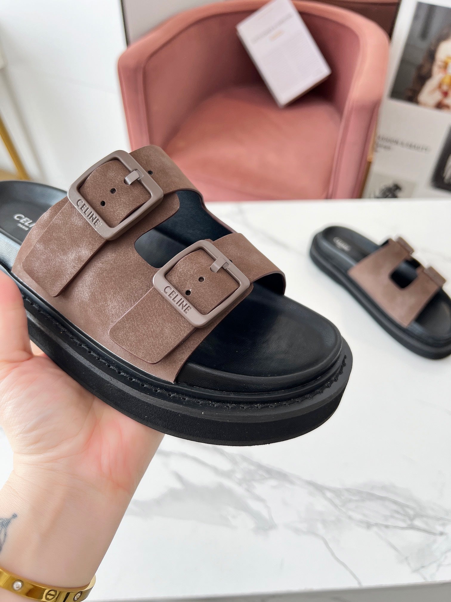 Celine 26s Sandals Hardware Buckles Black Taupe Suede Leather 982641