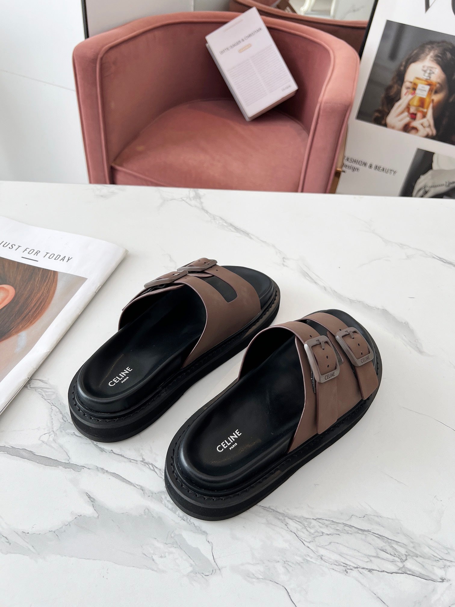 Celine 26s Sandals Hardware Buckles Black Taupe Suede Leather 982641