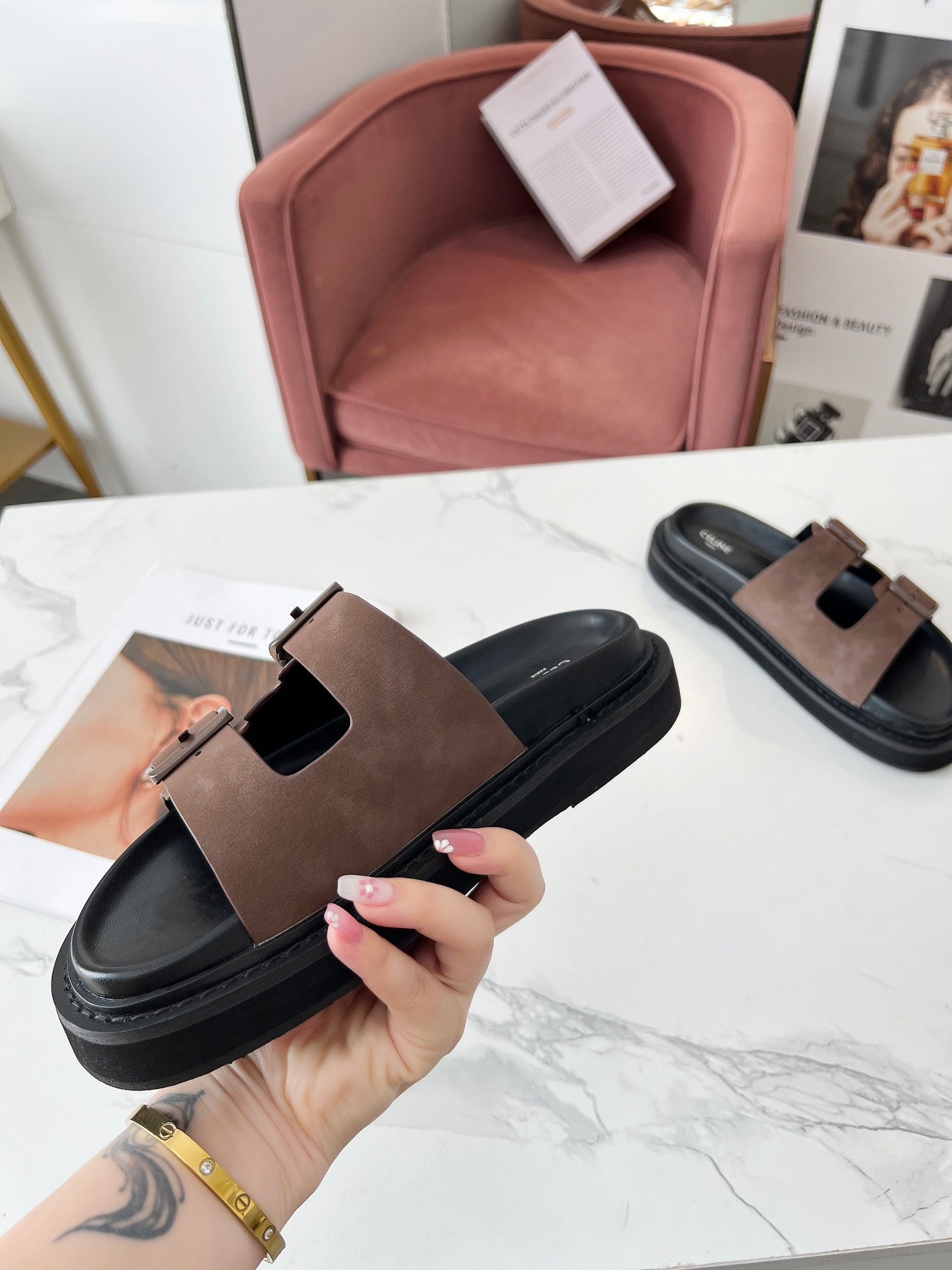 Celine 26s Sandals Hardware Buckles Black Taupe Suede Leather 982641