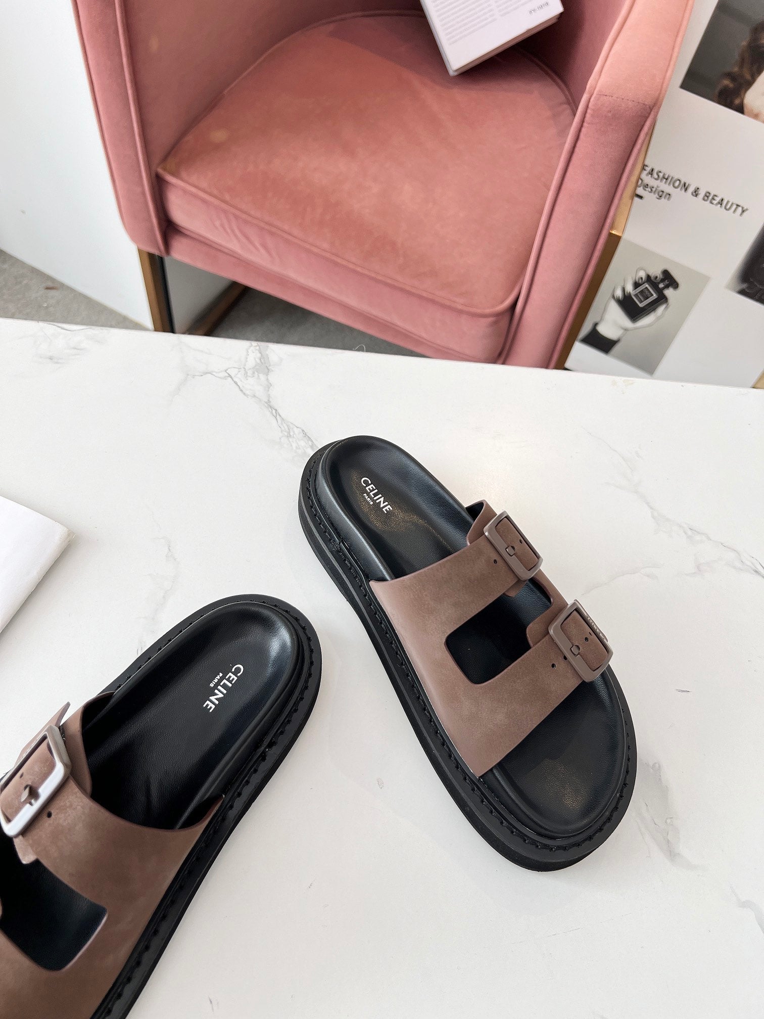 Celine 26s Sandals Hardware Buckles Black Taupe Suede Leather 982641