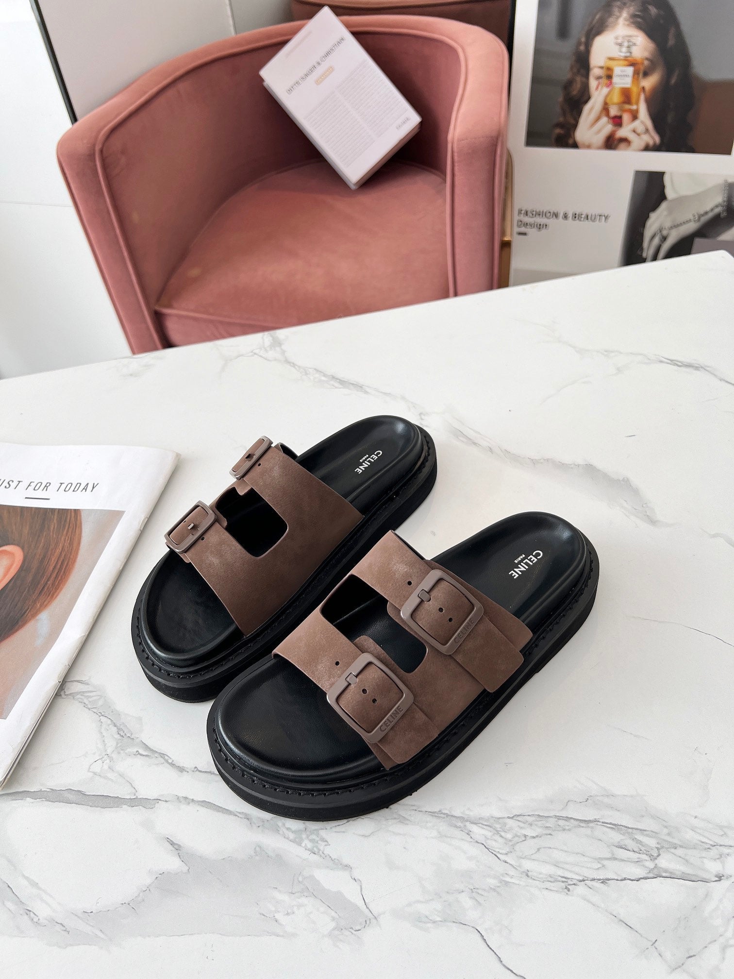Celine 26s Sandals Hardware Buckles Black Taupe Suede Leather 982641