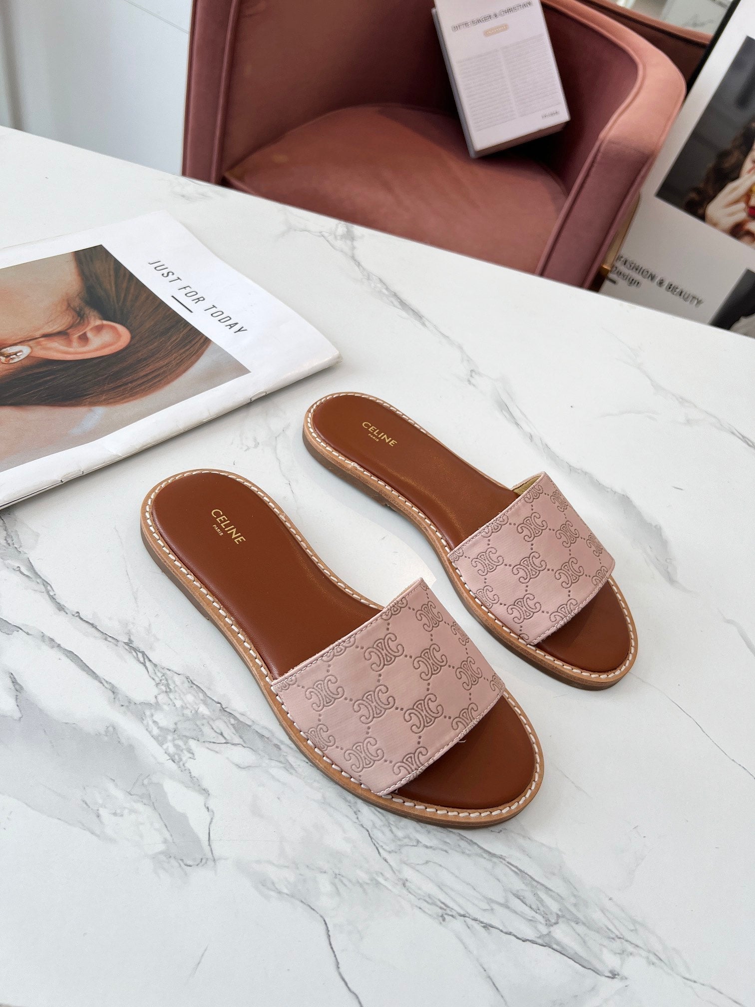 Celine 25C Slippers Pink Pastel Monagram Silk with Calfskin 238146