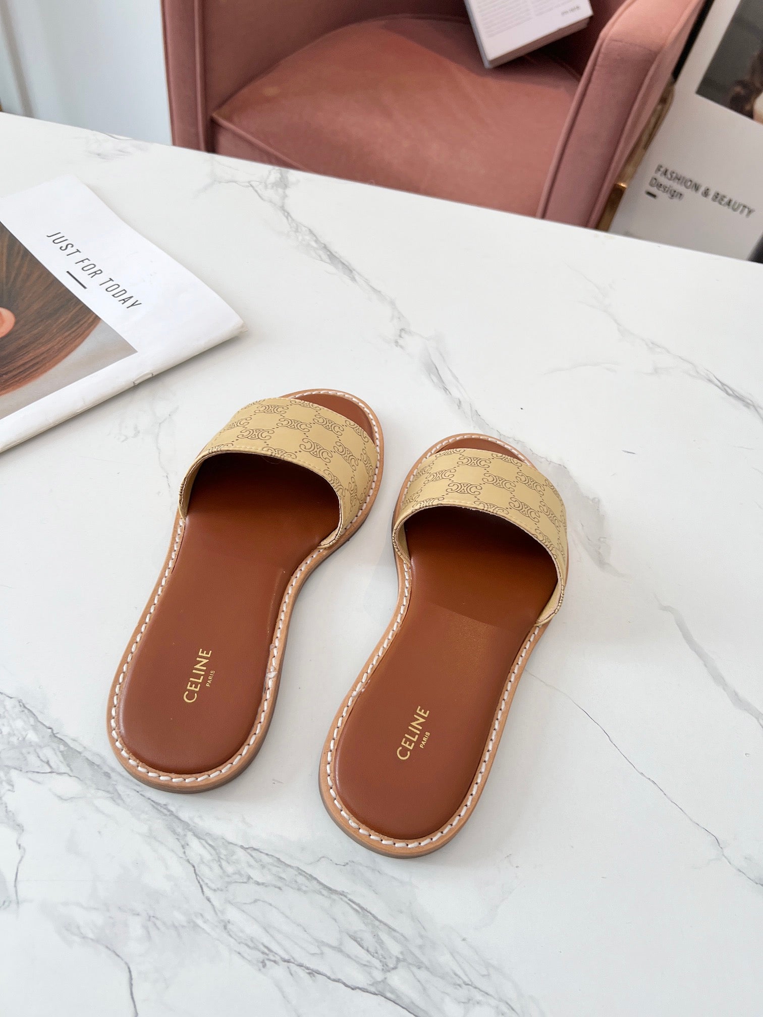 Celine 26s Slip-on Sandals Silk Fabric Leather 982645