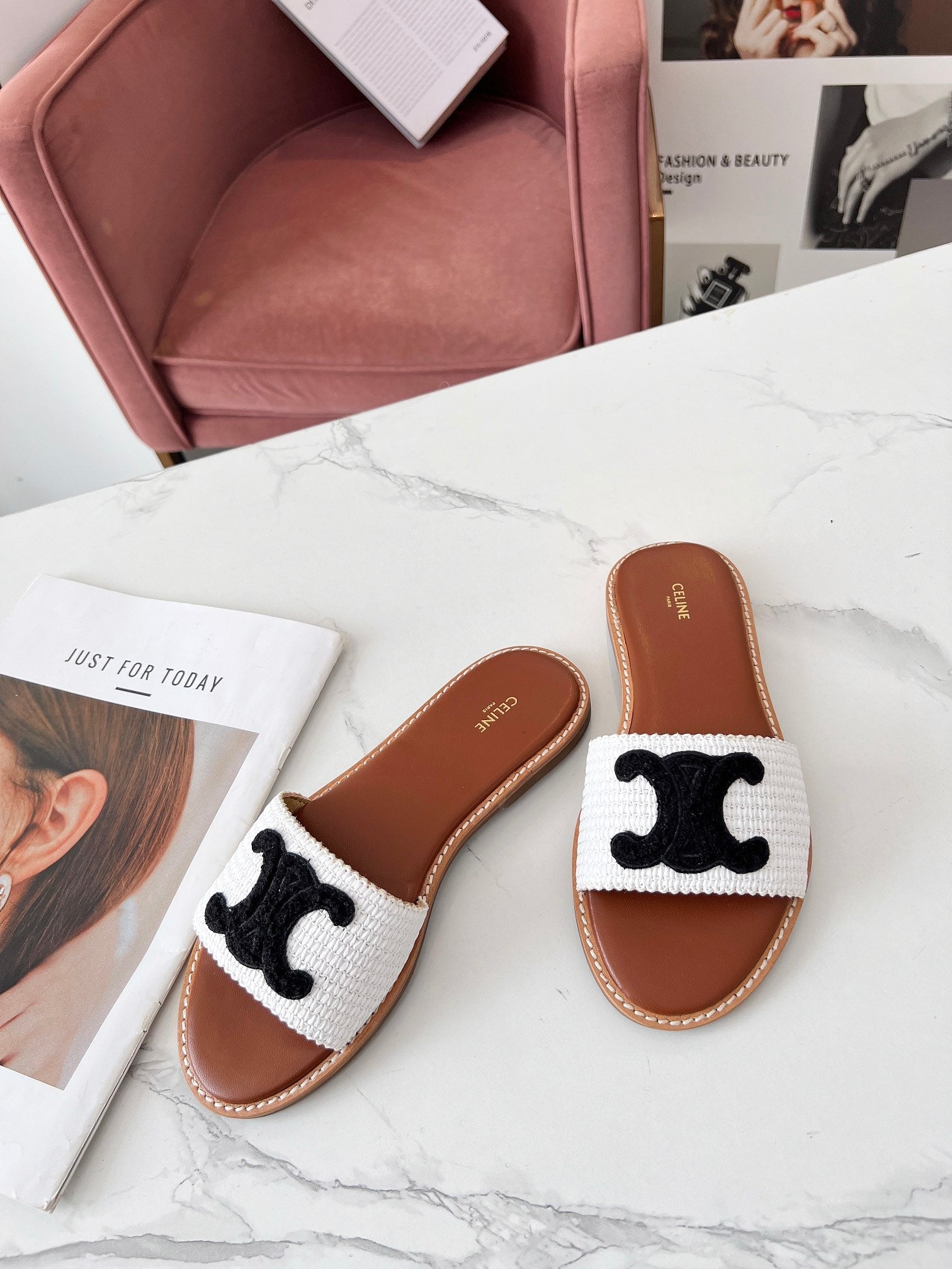 Celine 25C Slippers White mix Black Fabric with Calfskin 238150