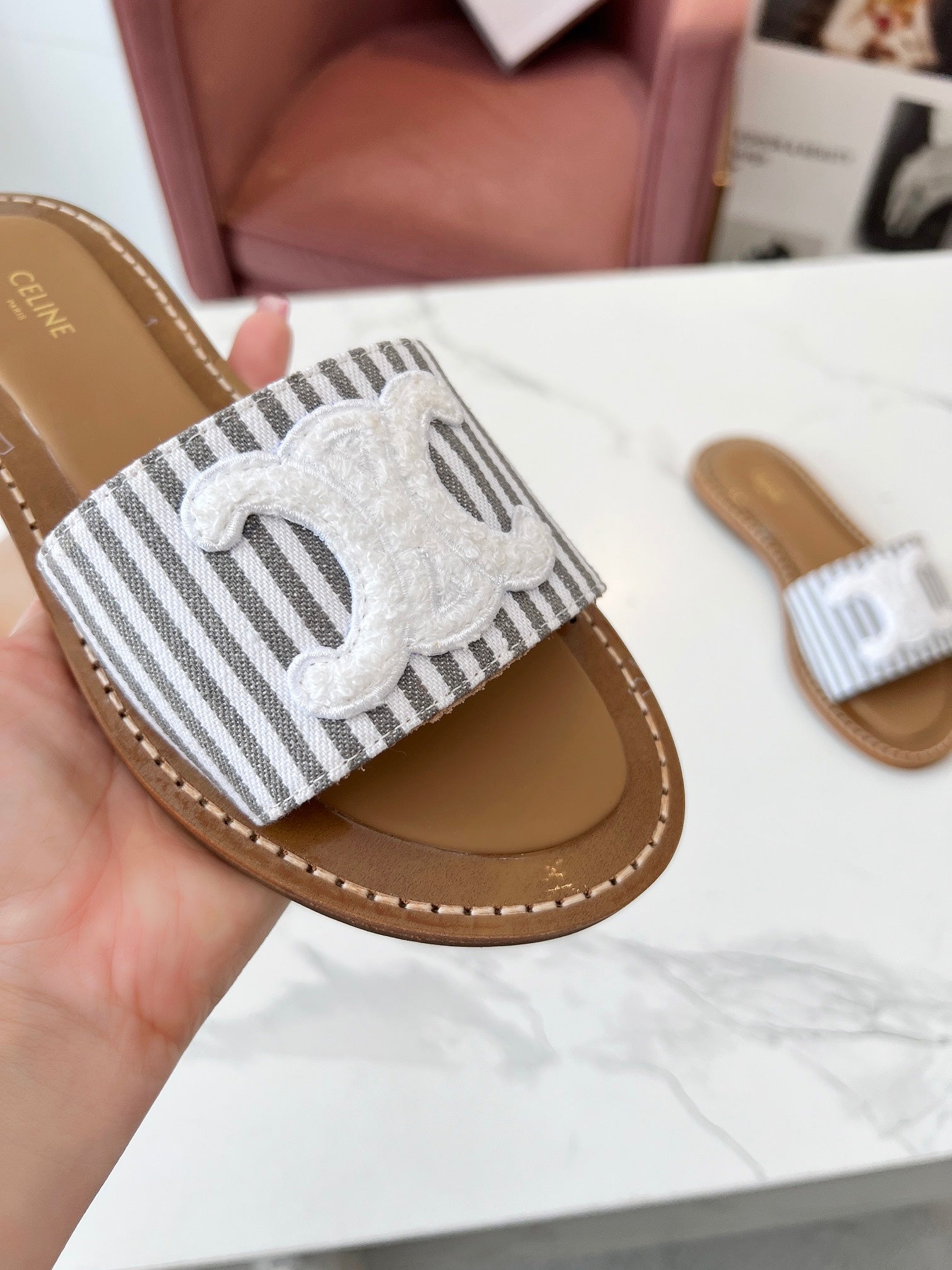 Celine 25C Slippers Gray mix White Fabric with Calfskin 238171