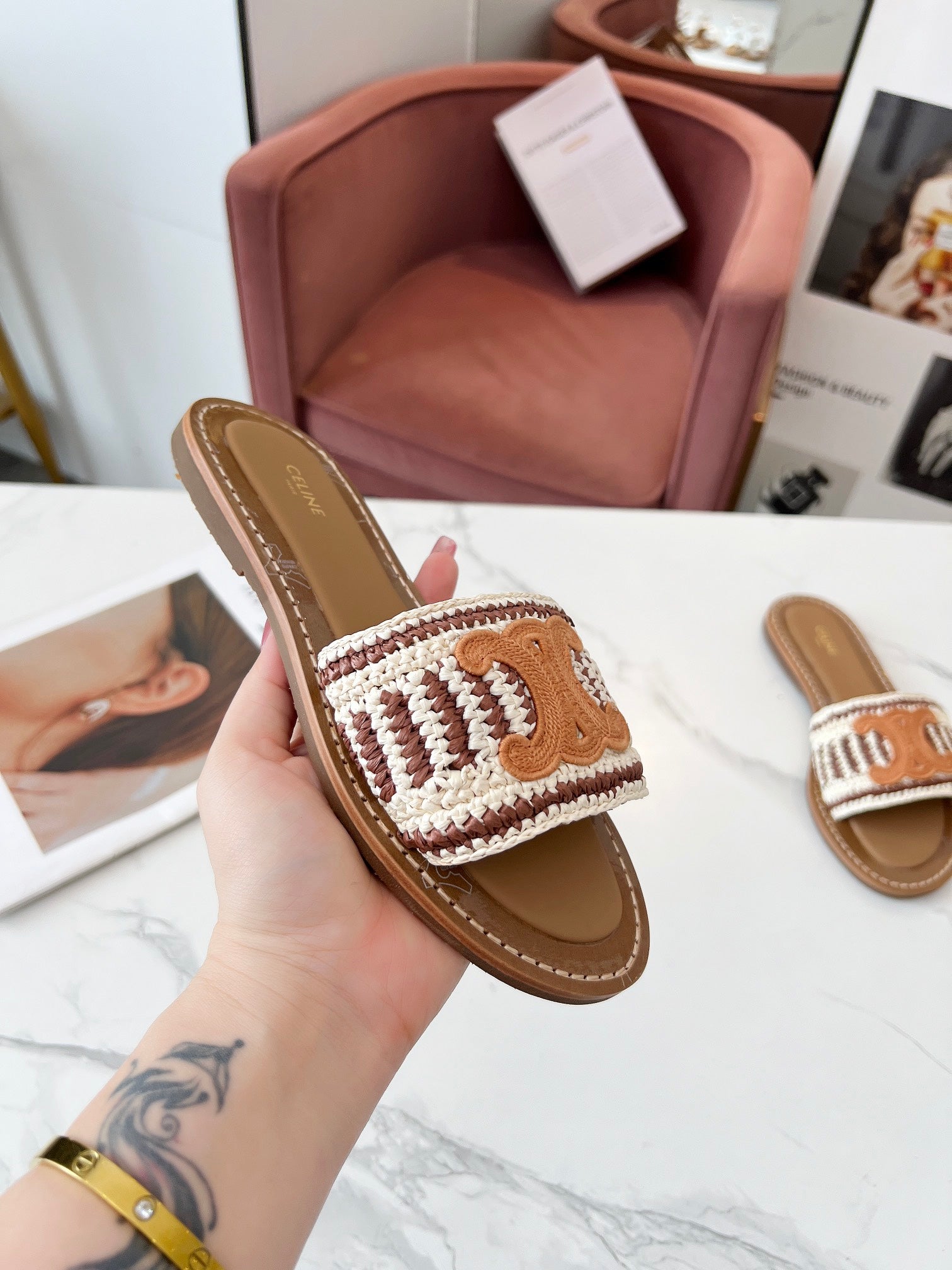 Celine 25C Slippers Beige mix Cantaloupe Fabric with Calfskin 238159