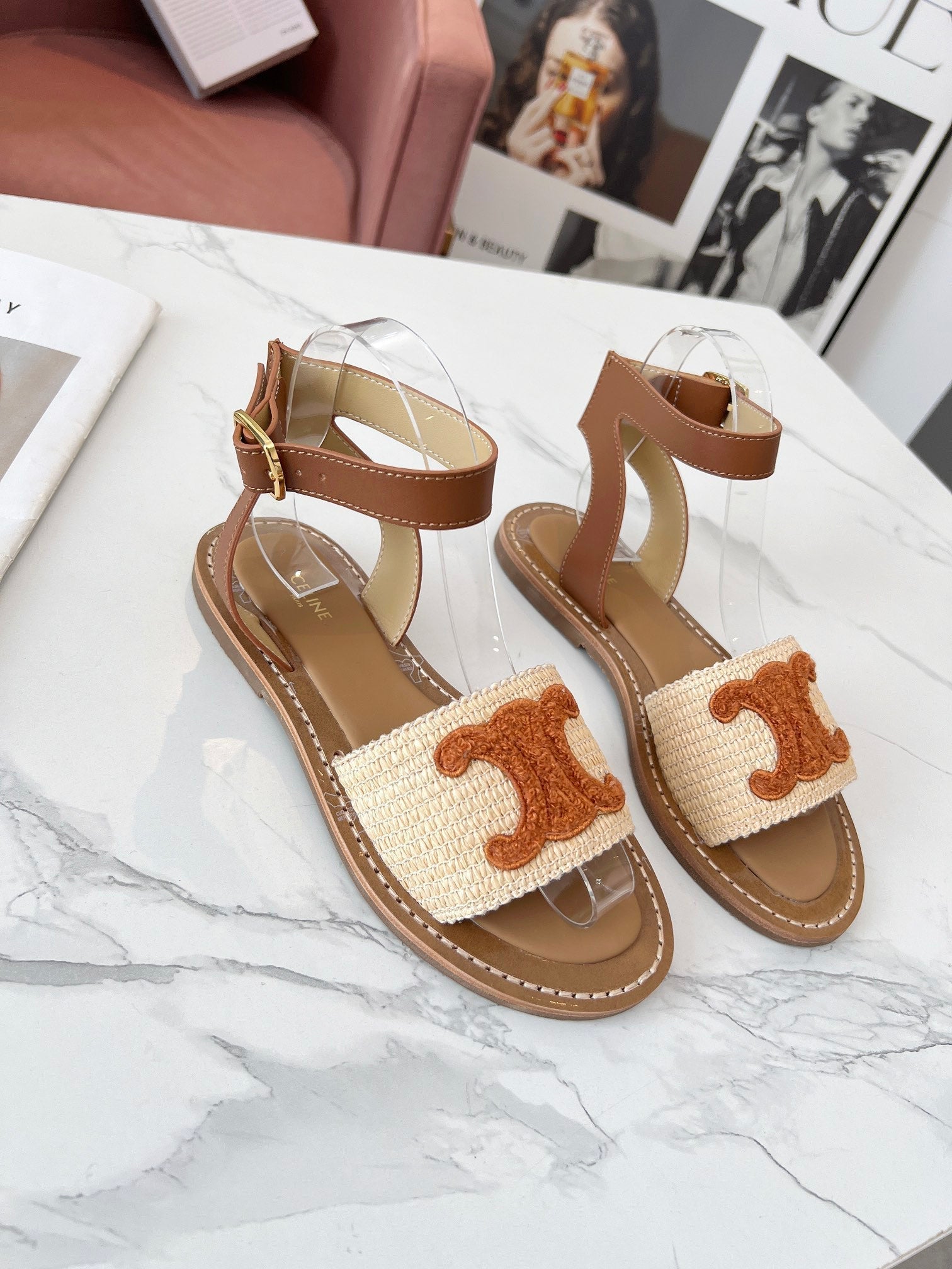 Celine 25C Lympia Sandal Beige mix Brown Fabric with Calfskin 238162
