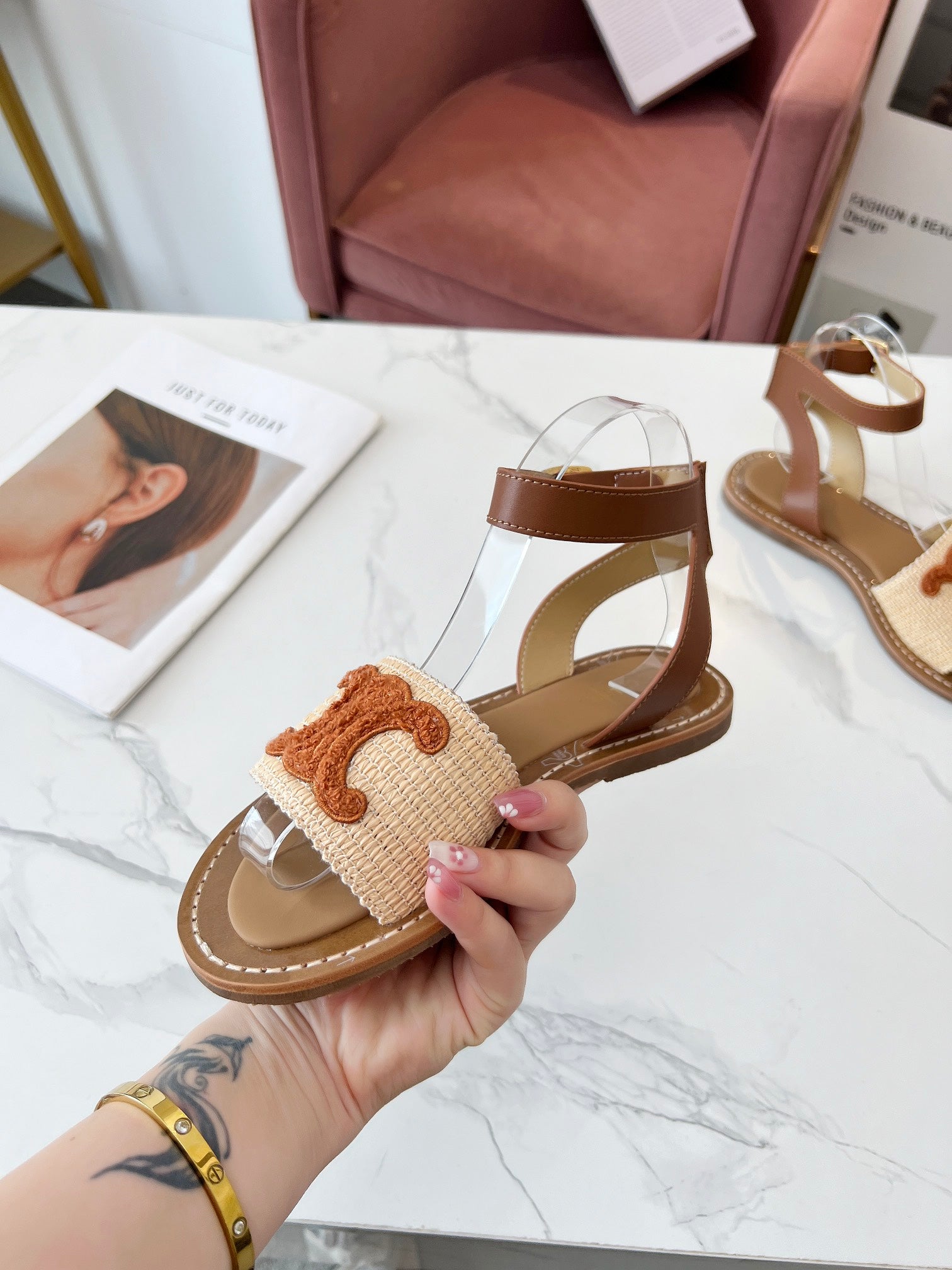 Celine 25C Lympia Sandal Beige mix Brown Fabric with Calfskin 238162