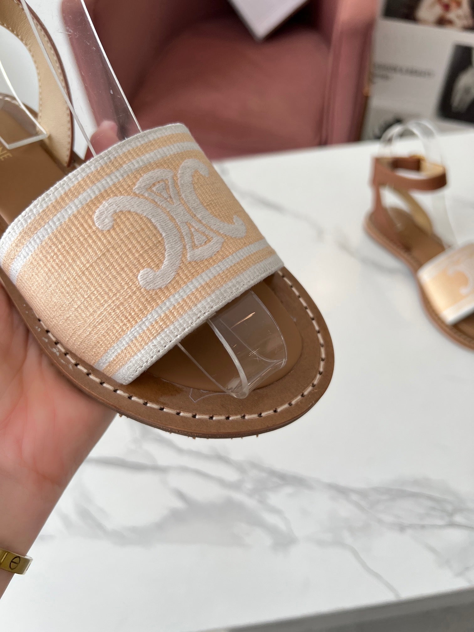 Celine 25C Lympia Sandal Cream with White Canvas with Calfskin 238172