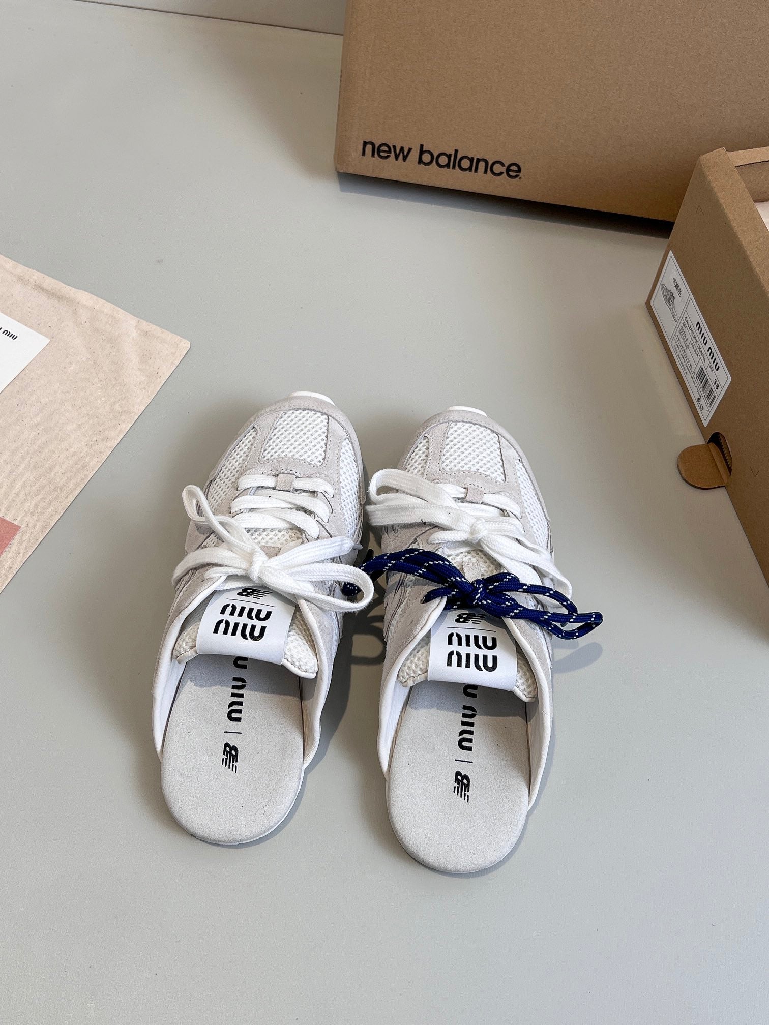 Miu x NB 530 SL Mules White Grey Mesh Suede 642519