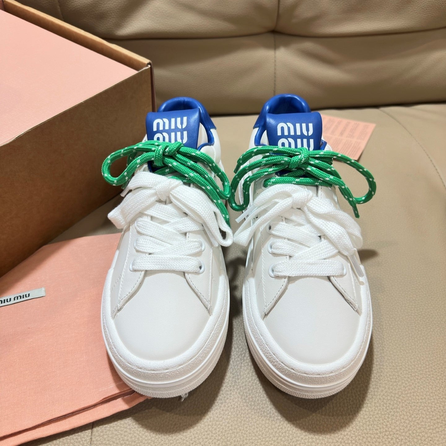 Miu Bleached Leather Sneakers White Blue Leather 940988