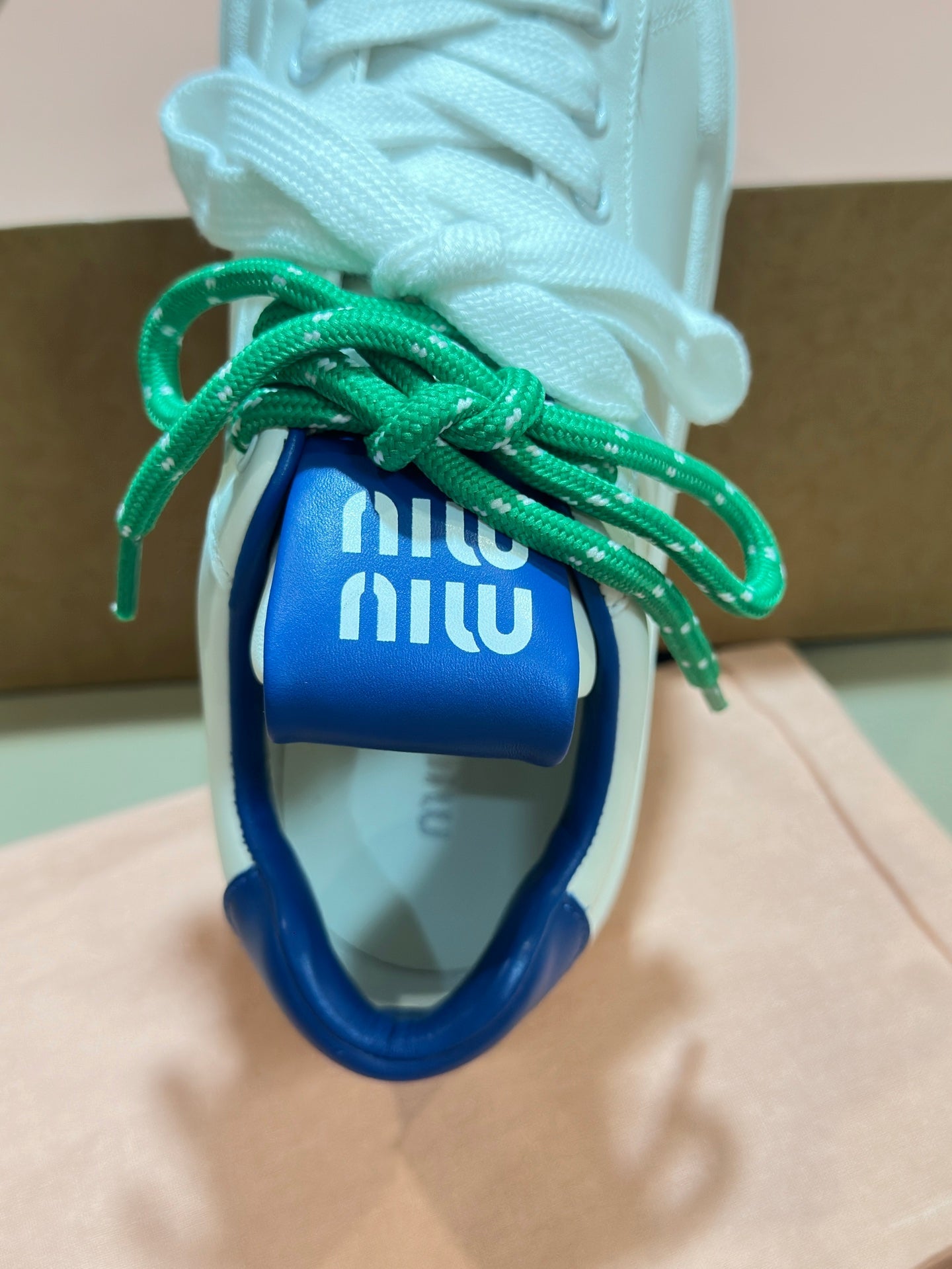 Miu Bleached Leather Sneakers White Blue Leather 940988