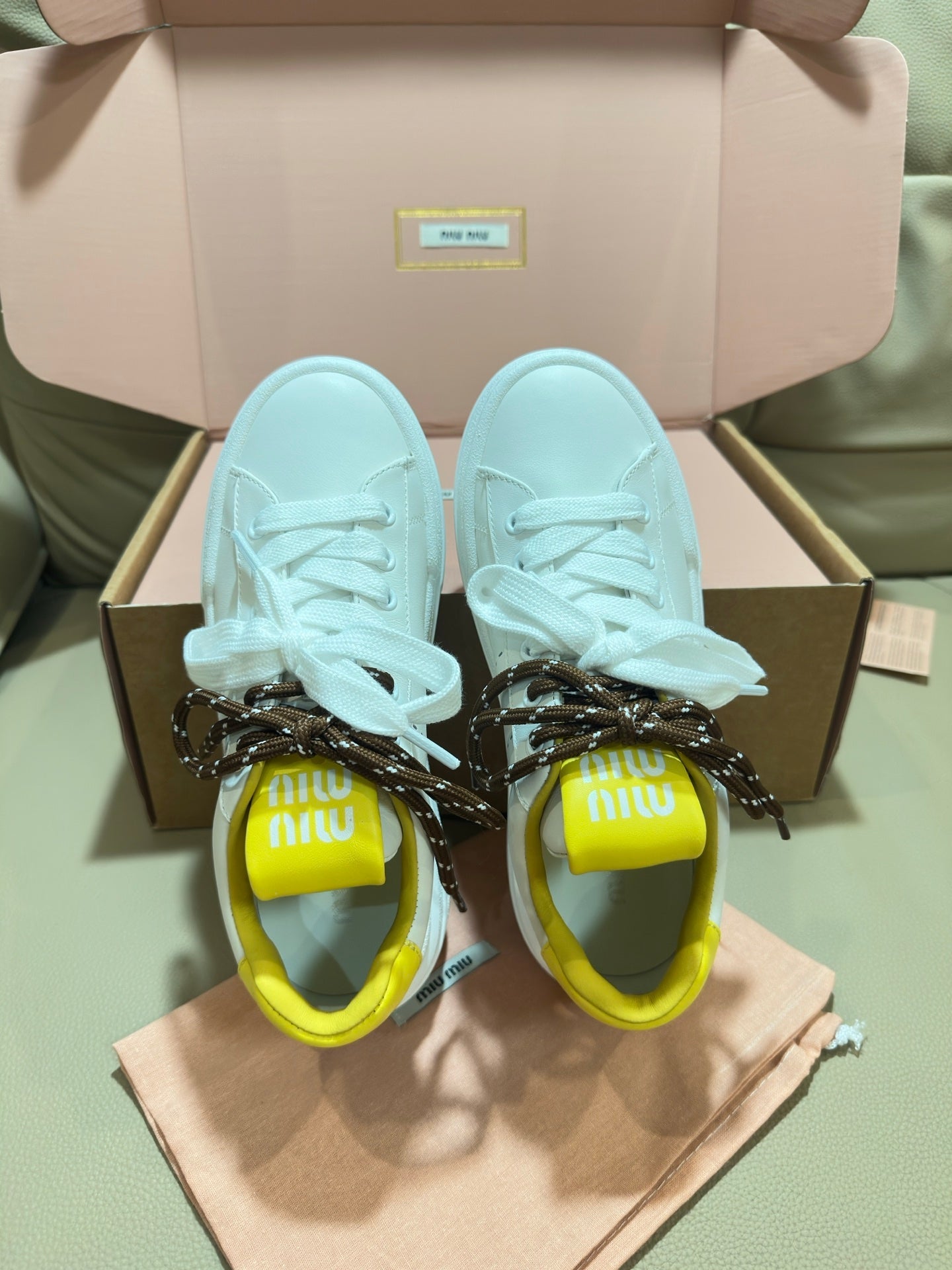Miu Bleached Leather Sneakers White Yellow Leather 940989