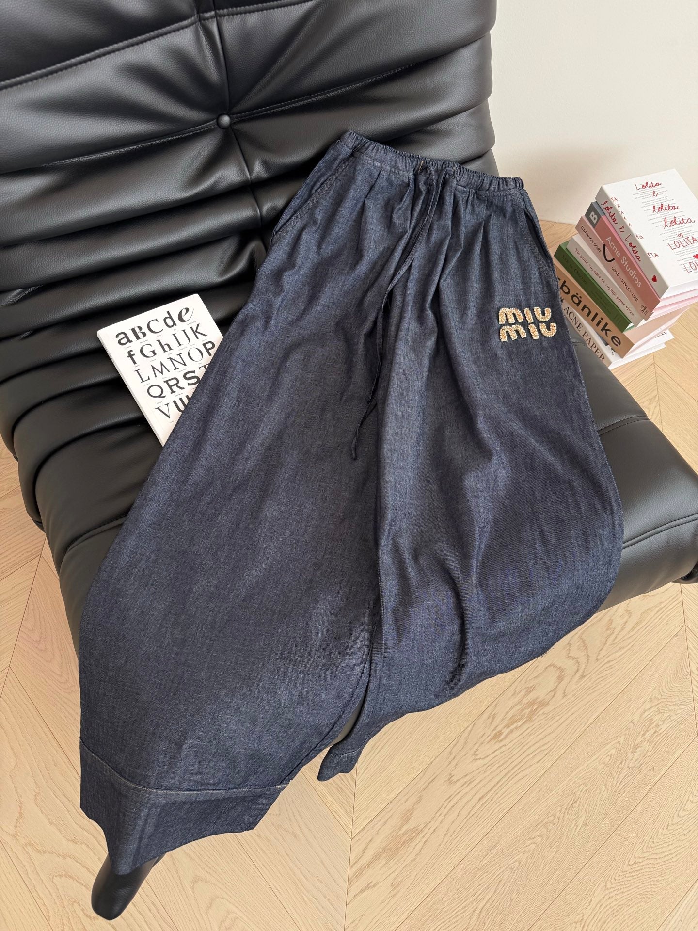 Miu Miu Beaded Letters Decorated Denim Suit Dark Blue Cotton