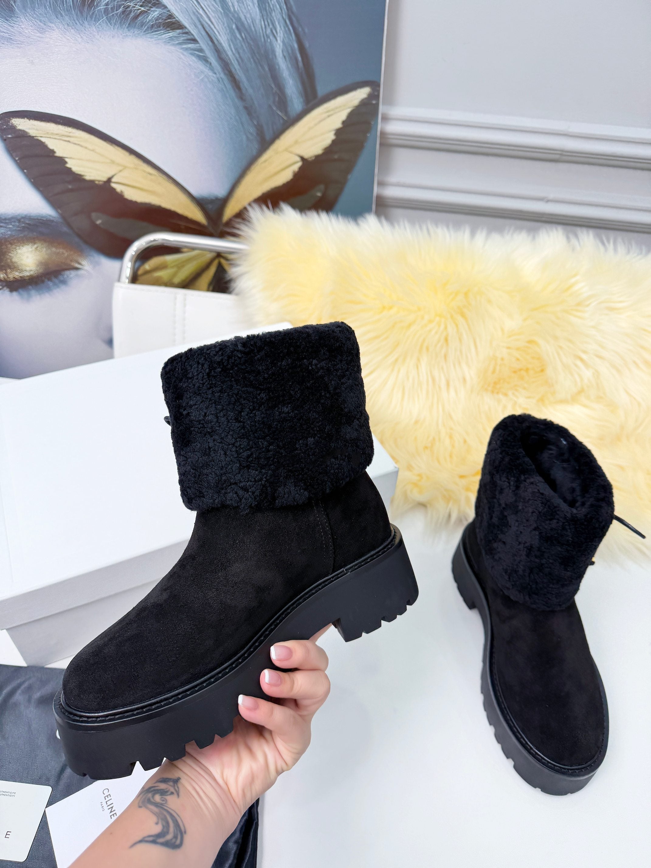 Celin Spring Runway Ankle Boots Black Fur Suede 567511