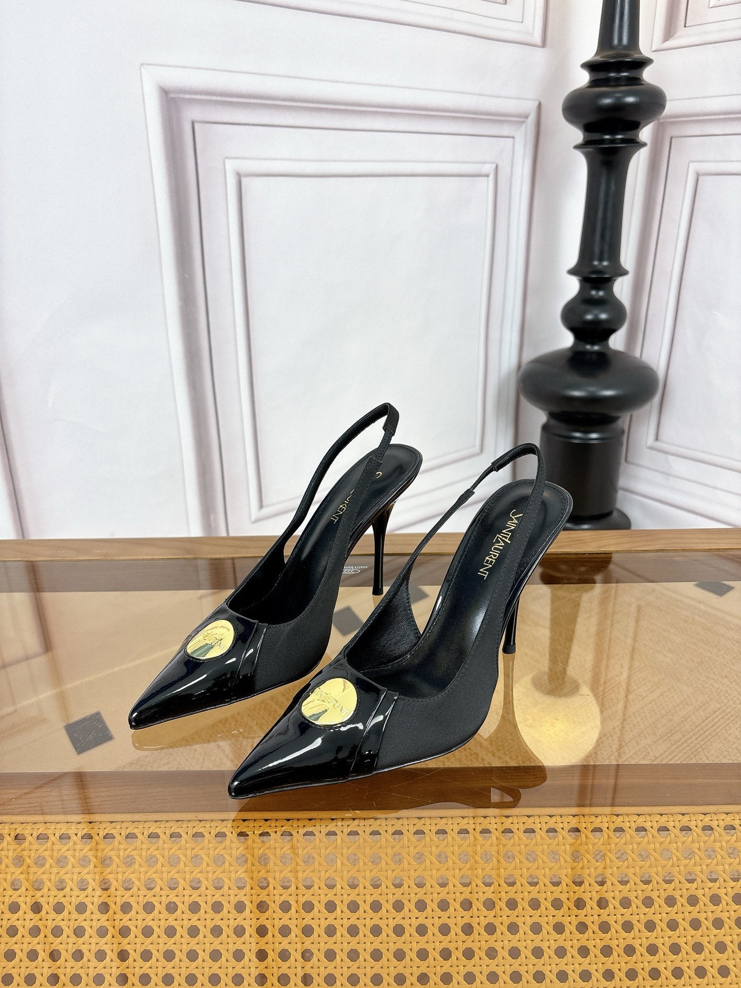 YSL Louis Slingback 10cm Black Satin Patent Leather 932063