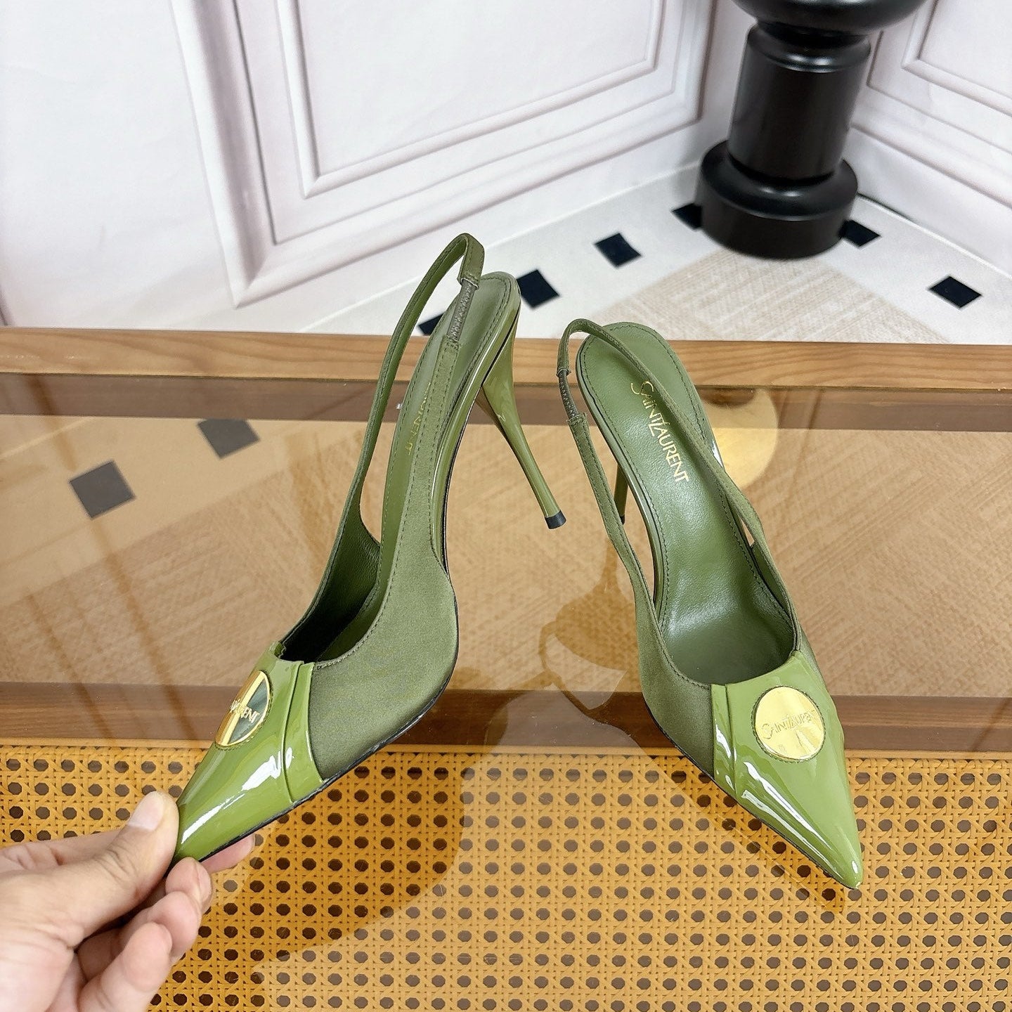 YSL Louis Slingback 10cm Olive Satin Patent Leather 932058