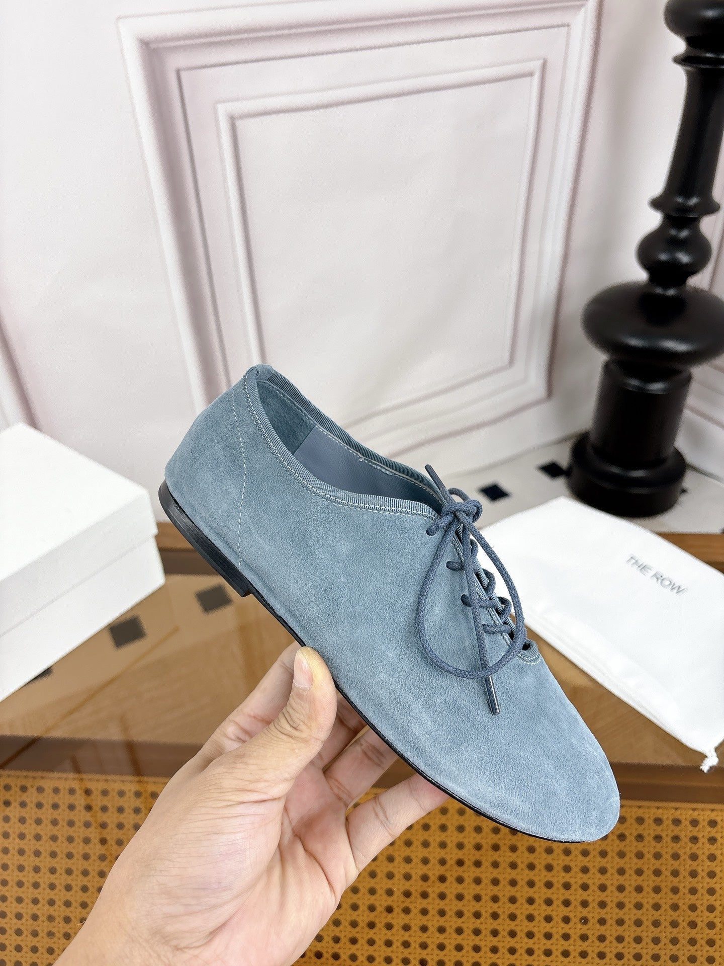 The Row Deep Mouth Slip-on Loafers Blue Grey Suede 931973