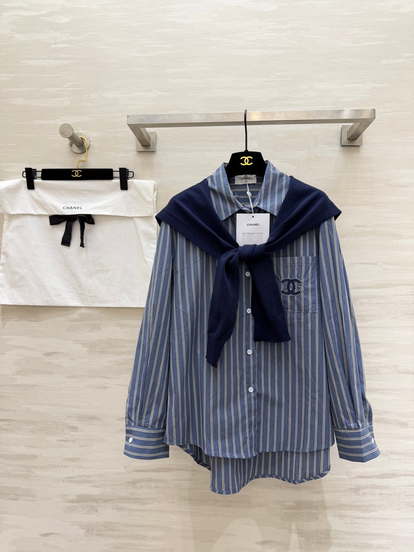 CC Striped Shirt & Knitted Shawl Blue White Cotton 344723