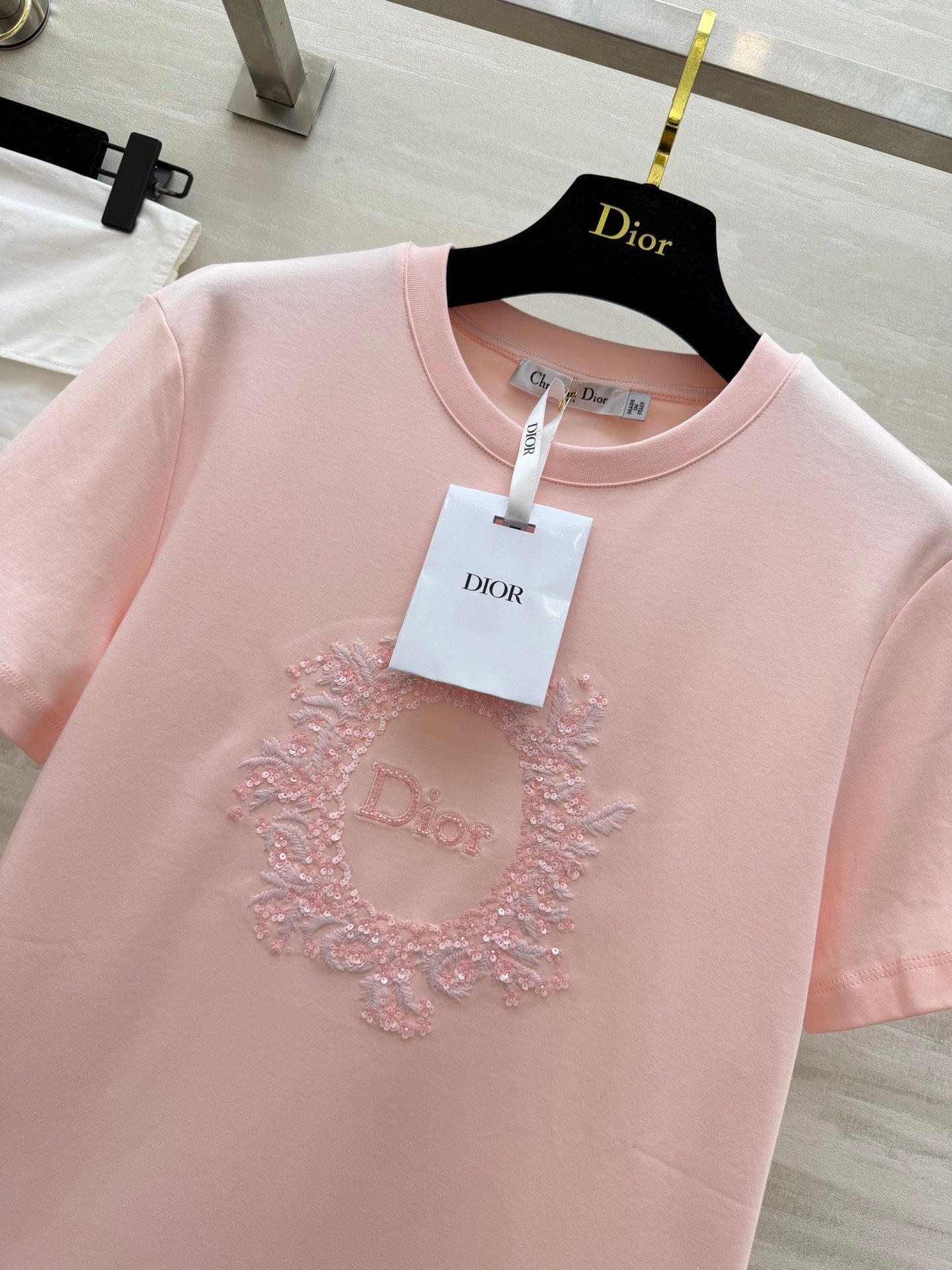 CD 26s T-shirt 3D Hand-Beaded Light Pink Cotton 363657