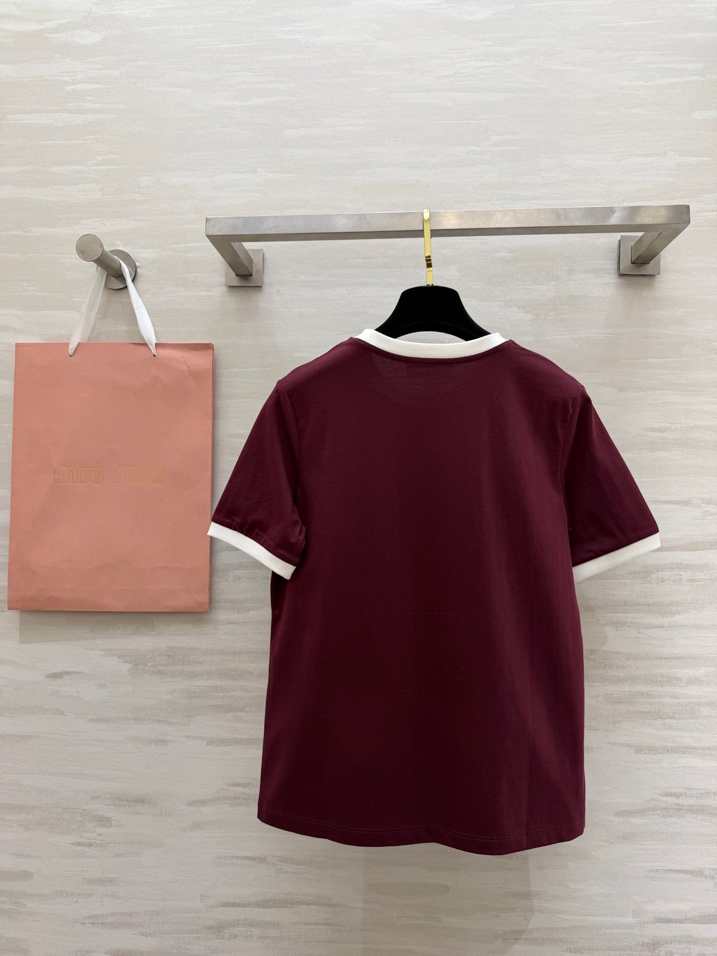 Miu 26s Ribbed Neck Letter T-Shirt Burgundy Cotton 363633