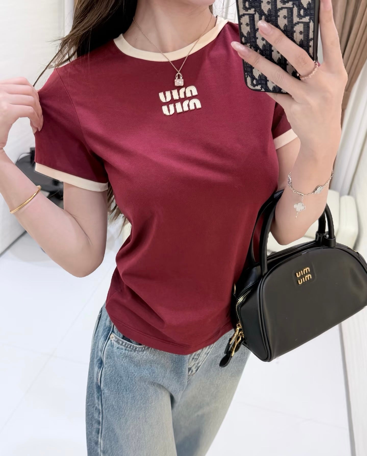 Miu 26s Ribbed Neck Letter T-Shirt Burgundy Cotton 363633