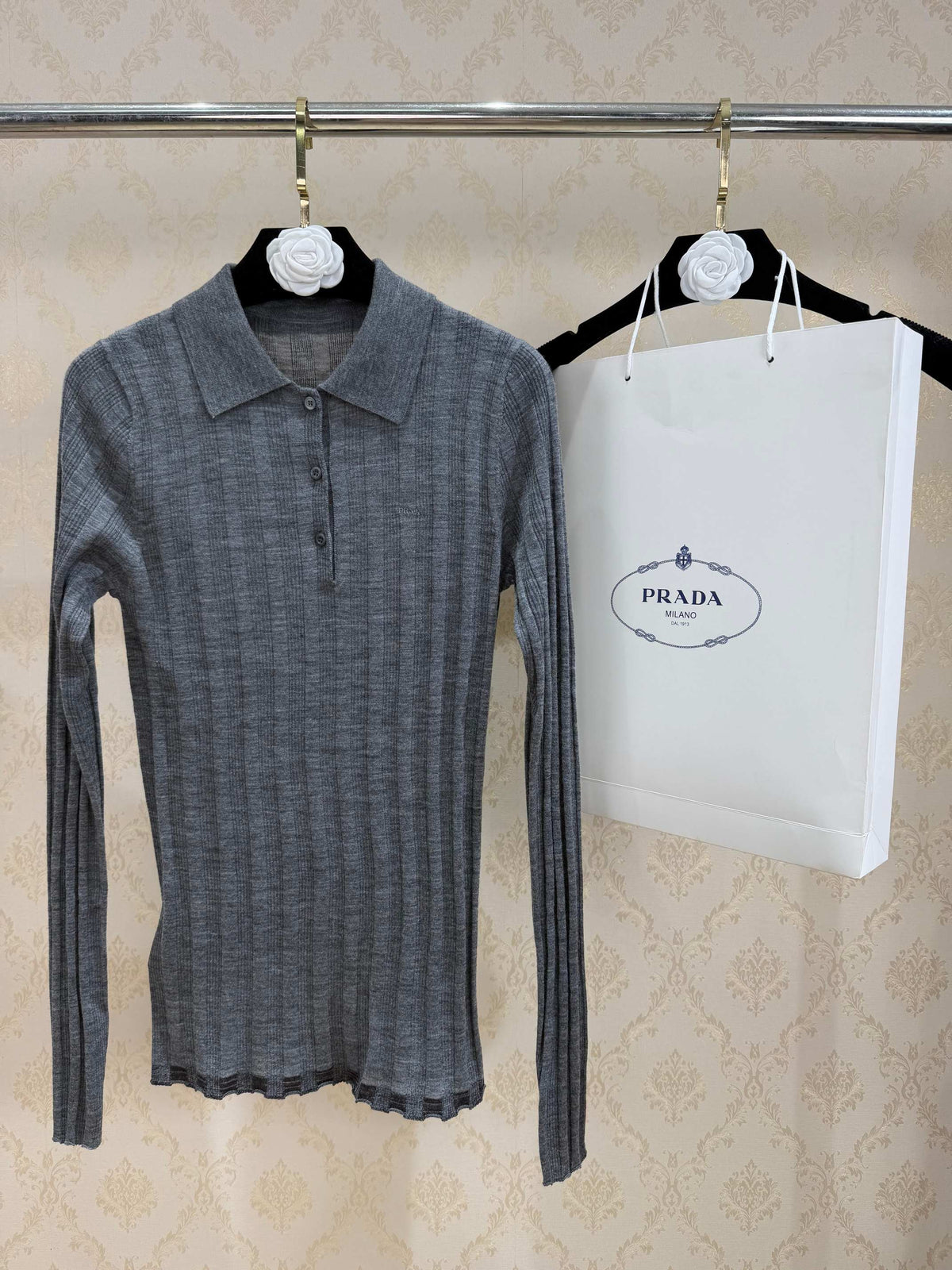 Prada 2026 Ribbed Knit Long Sleeve Polo Shirt Wool Blend 438220