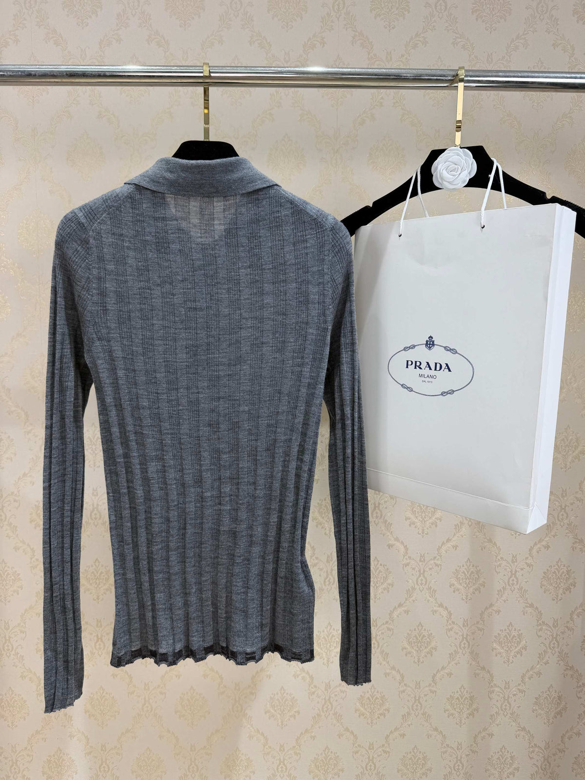 Prada 2026 Ribbed Knit Long Sleeve Polo Shirt Wool Blend 438220