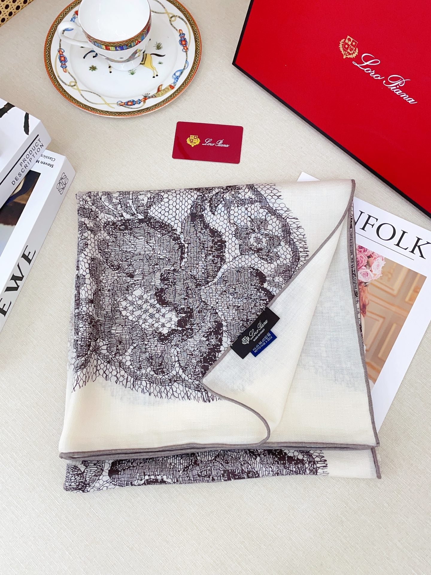 Loro Piana Double-sided Scarf White Grey Cashmere Silk 150383