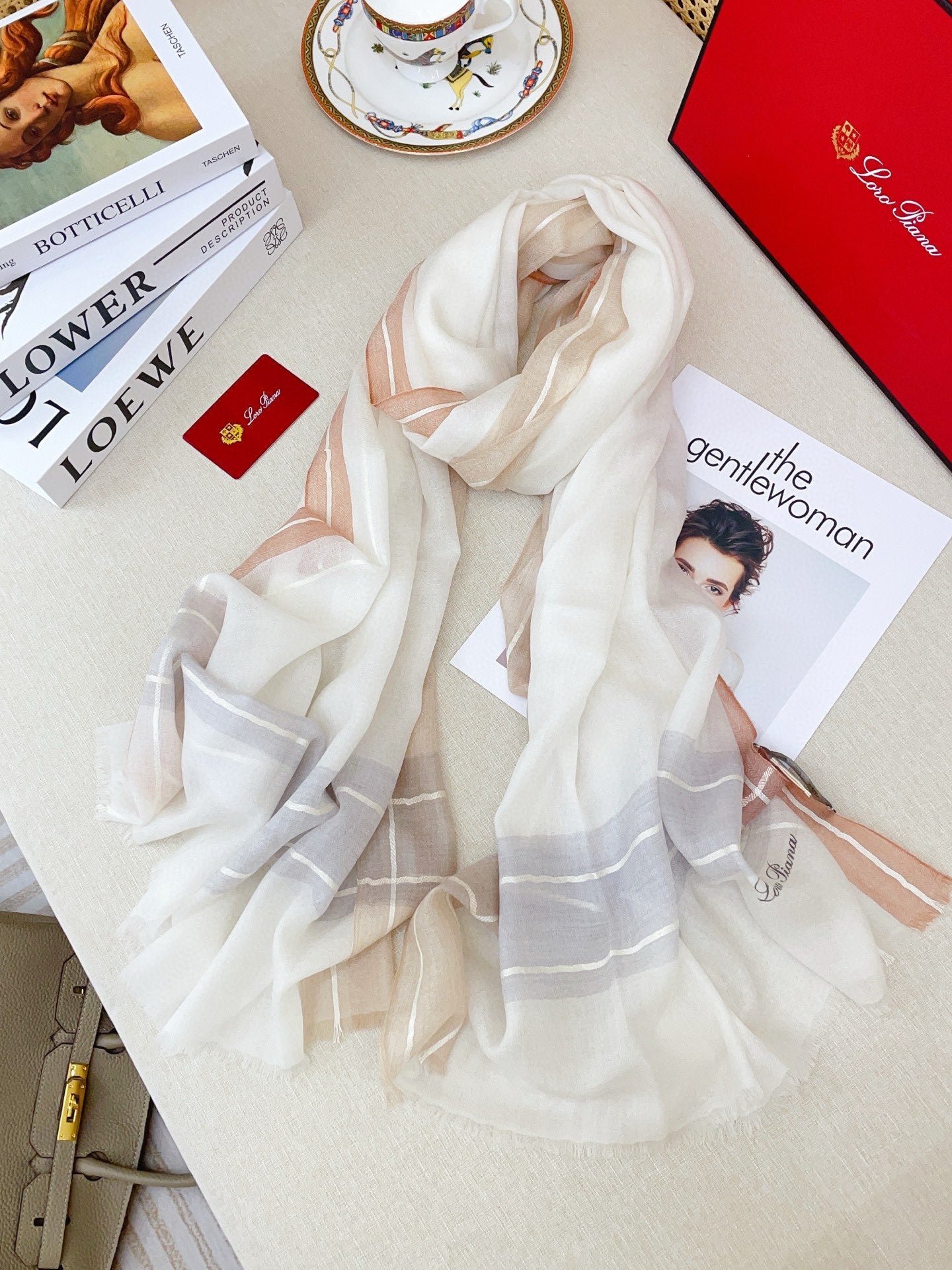LP  Striped Long Scarf 200x100 White Brown Cashmere 139455
