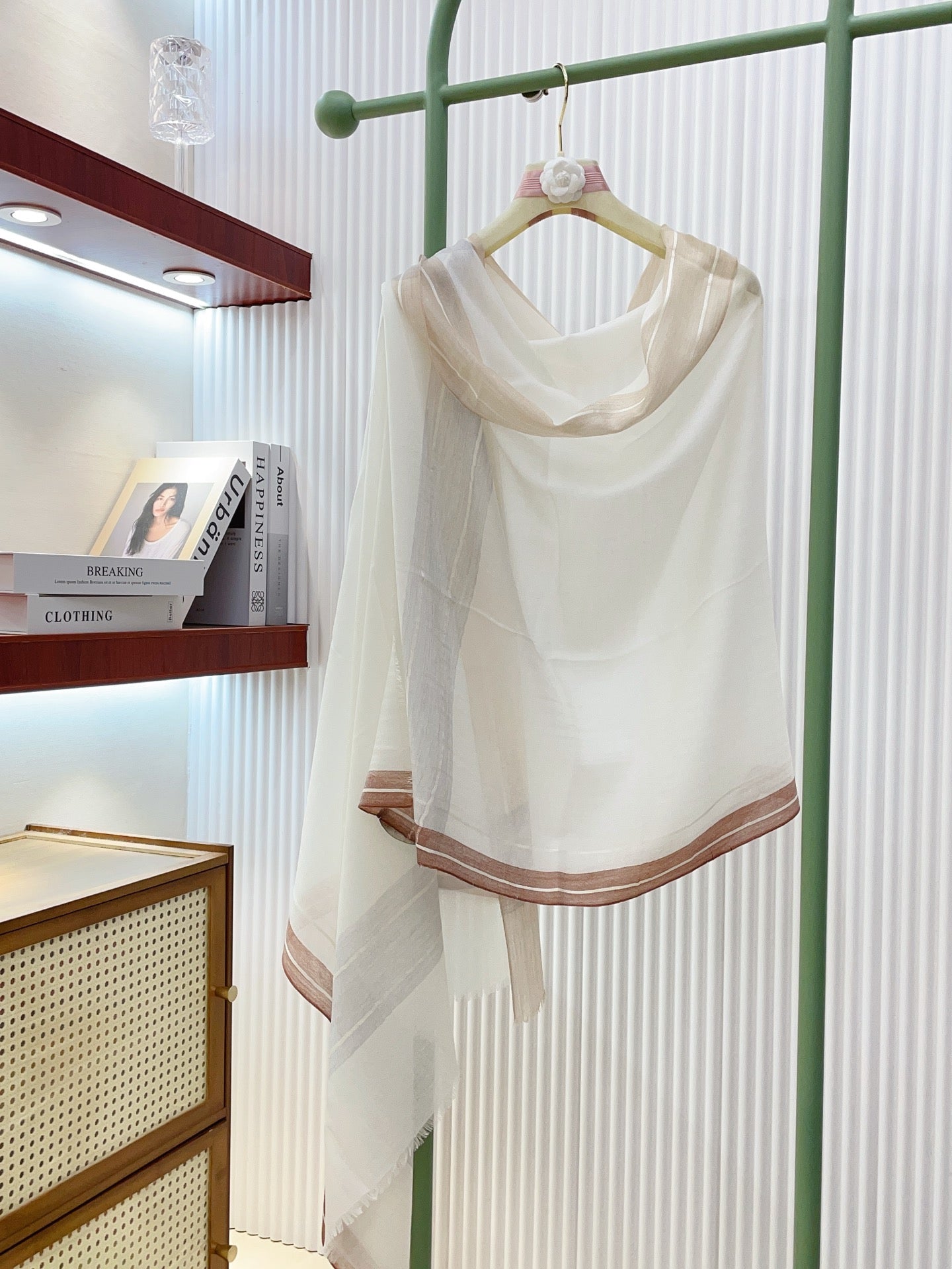 LP  Striped Long Scarf 200x100 White Brown Cashmere 139455
