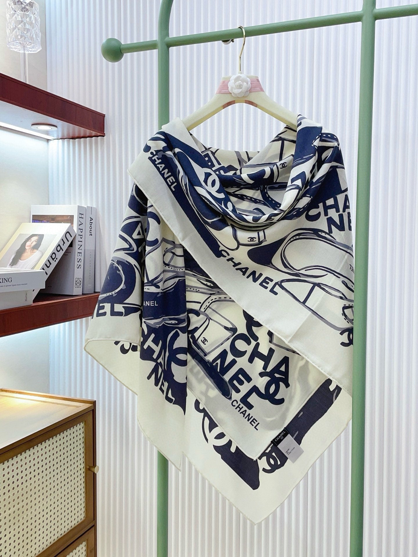CC Double-Sided  Scarf 140cm  Navy White Silk Cashmere 150385