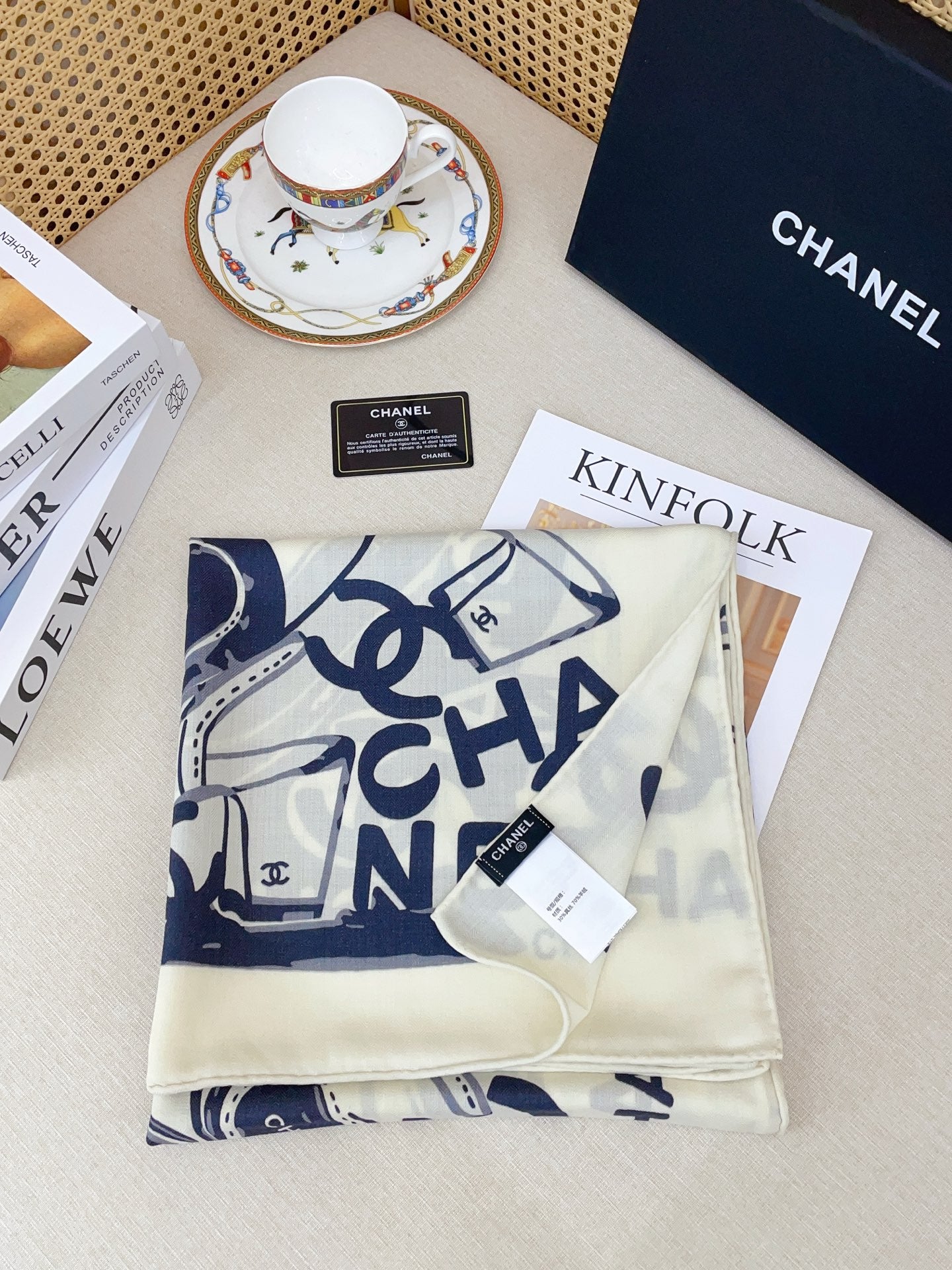 CC Double-Sided  Scarf 140cm  Navy White Silk Cashmere 150385